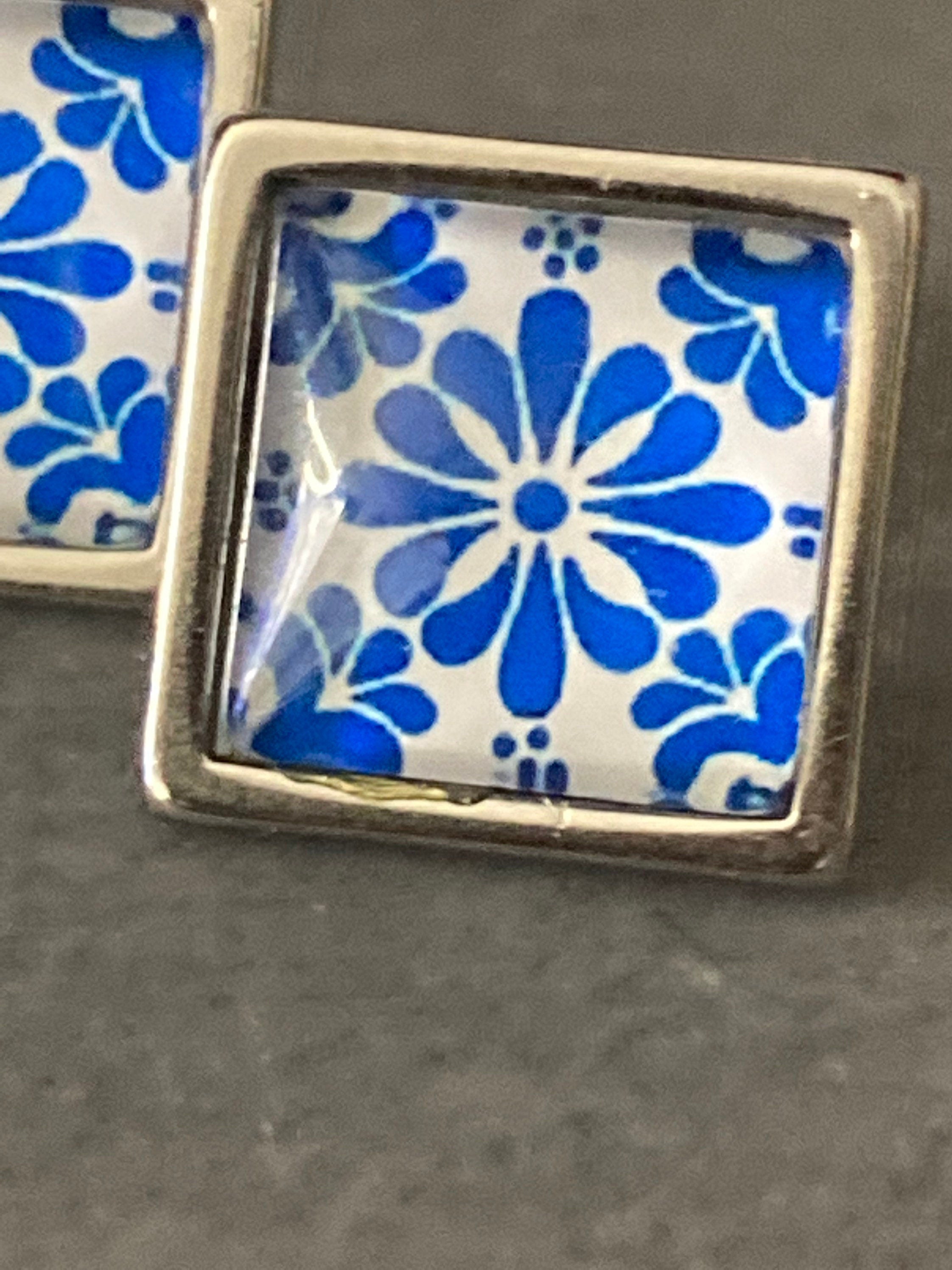 Blue and white floral printed glass tile earrings stainless steel studs