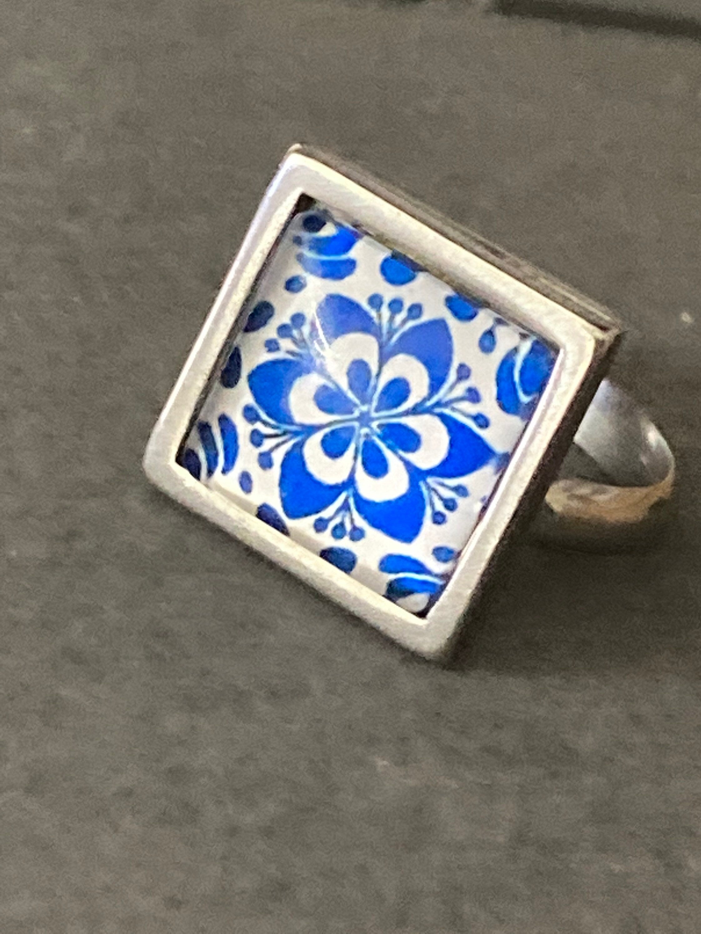Blue and white floral printed glass tile earrings stainless steel studs