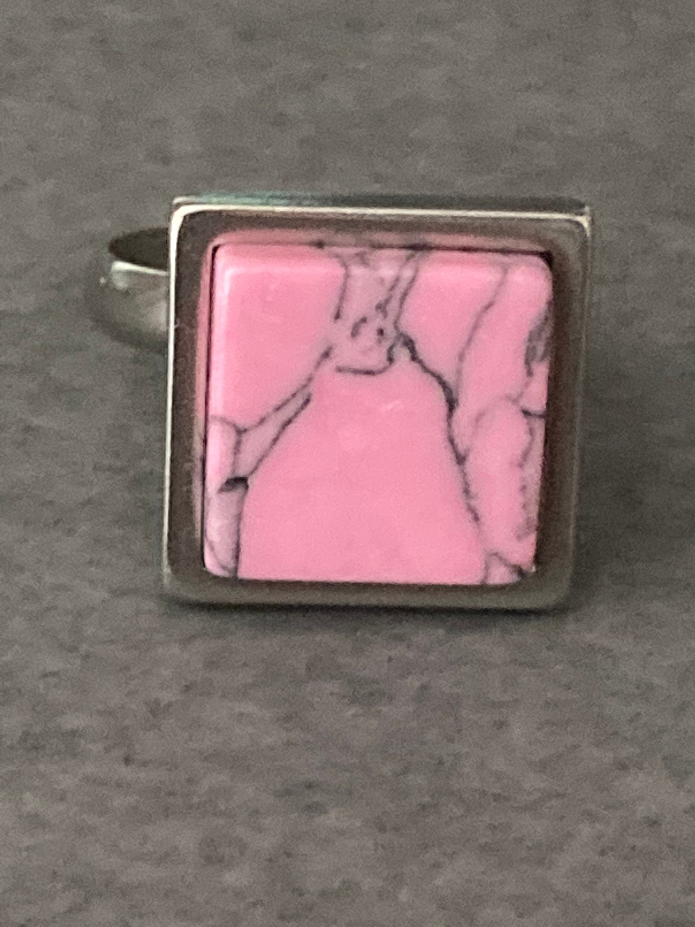 Handmade stainless steel 1.5cm square pink marbled stone tile dress ring adjustable size