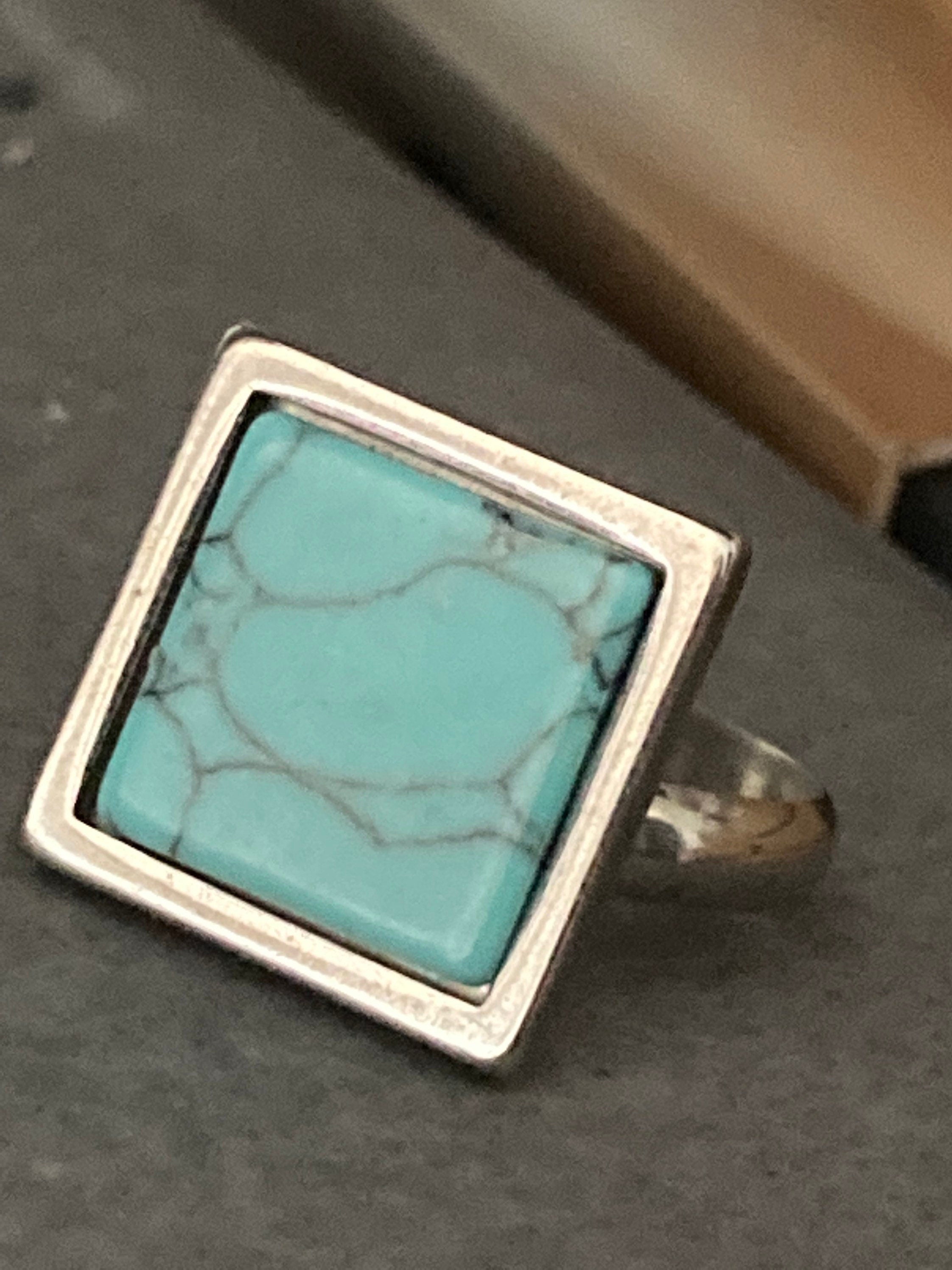 square natural stone tile silver dangly drop marbled turquoise blue earrings