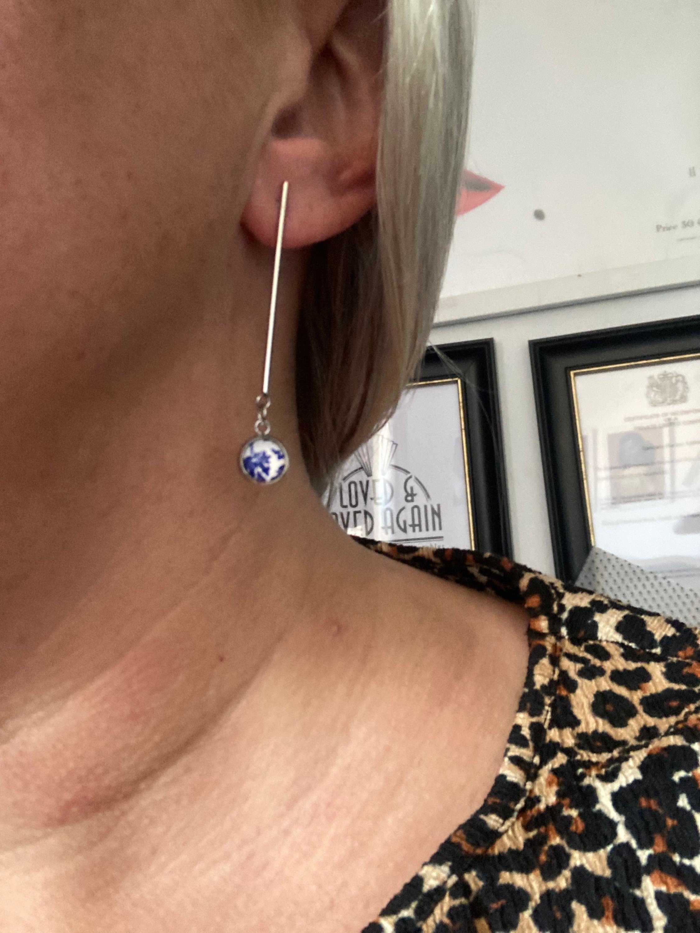 Blue Floral Drop Earrings: Stainless Steel, Amari Style