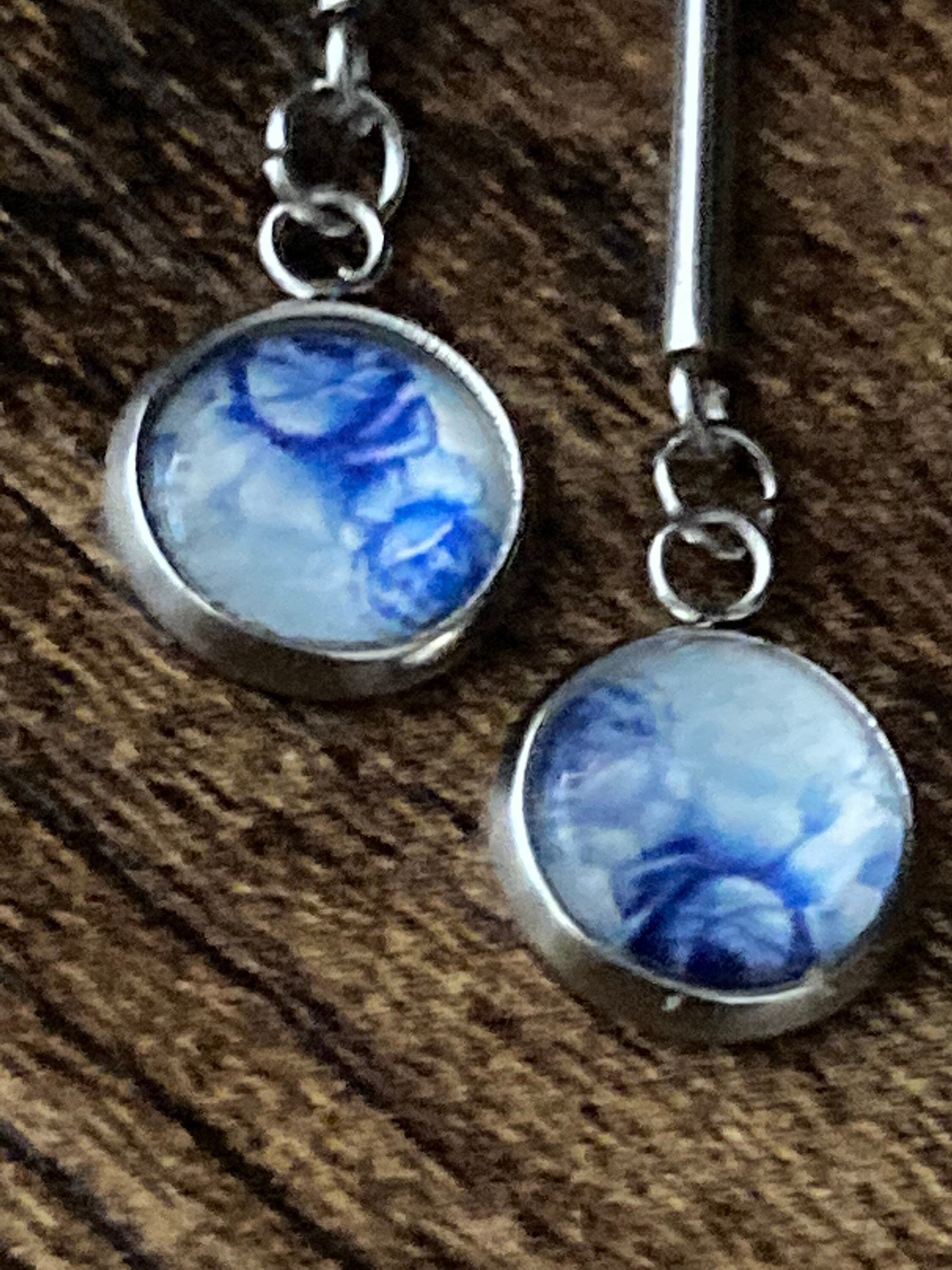 blue white floral long drop earrings for pierced ears Amari style glass cabochons Stainless steel