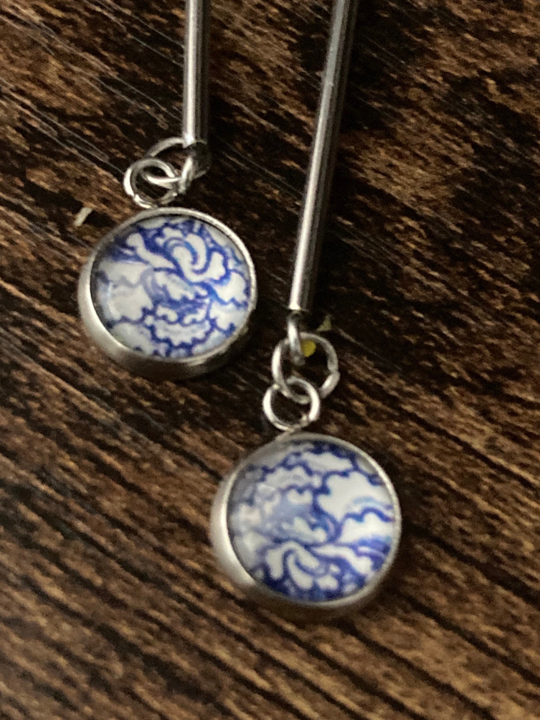 blue white floral long drop earrings for pierced ears Amari style glass cabochons Stainless steel