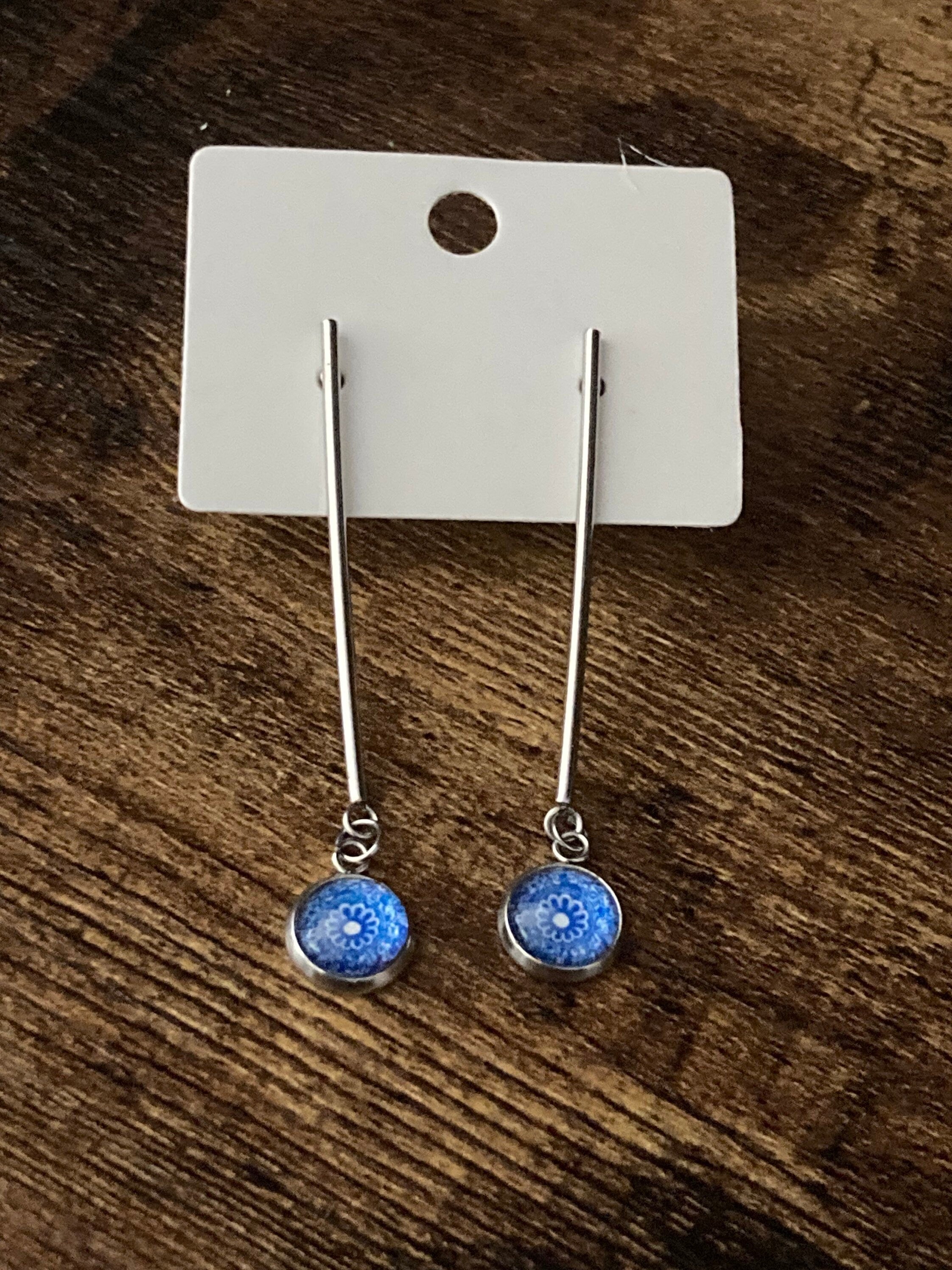 blue white floral long drop earrings for pierced ears Amari style glass cabochons Stainless steel