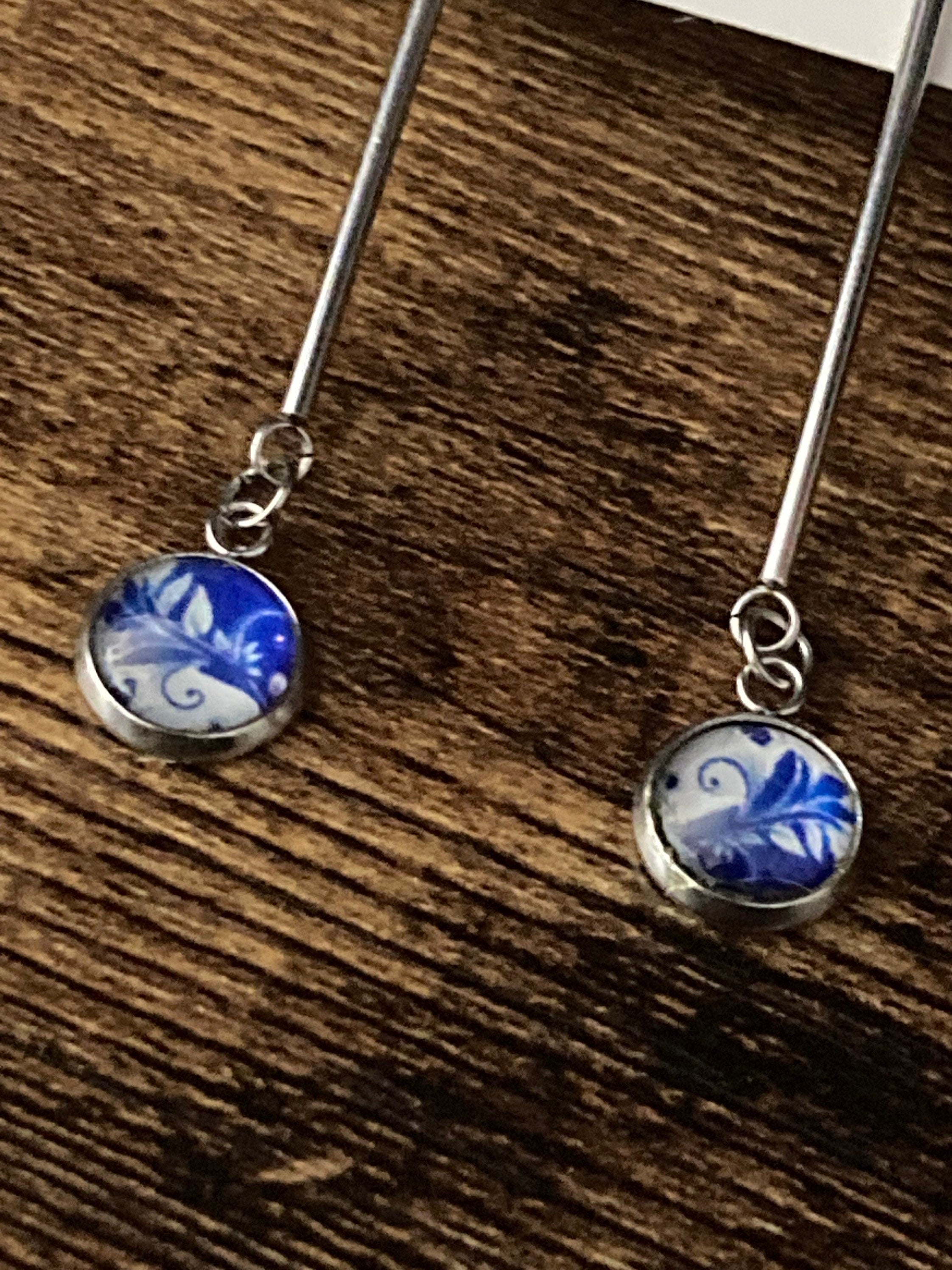 Blue Floral Drop Earrings: Stainless Steel, Amari Style