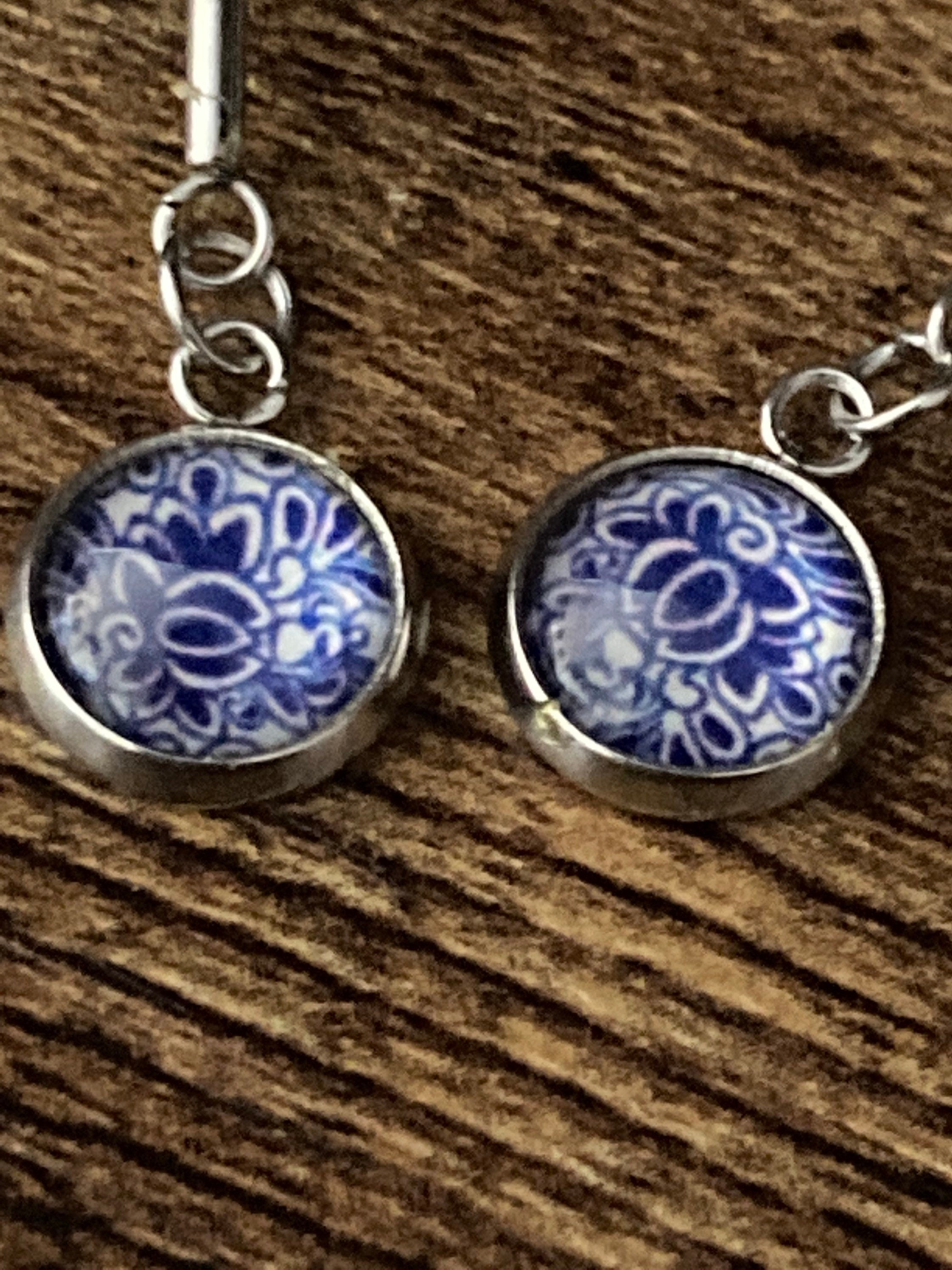 blue white floral long drop earrings for pierced ears Amari style glass cabochons Stainless steel