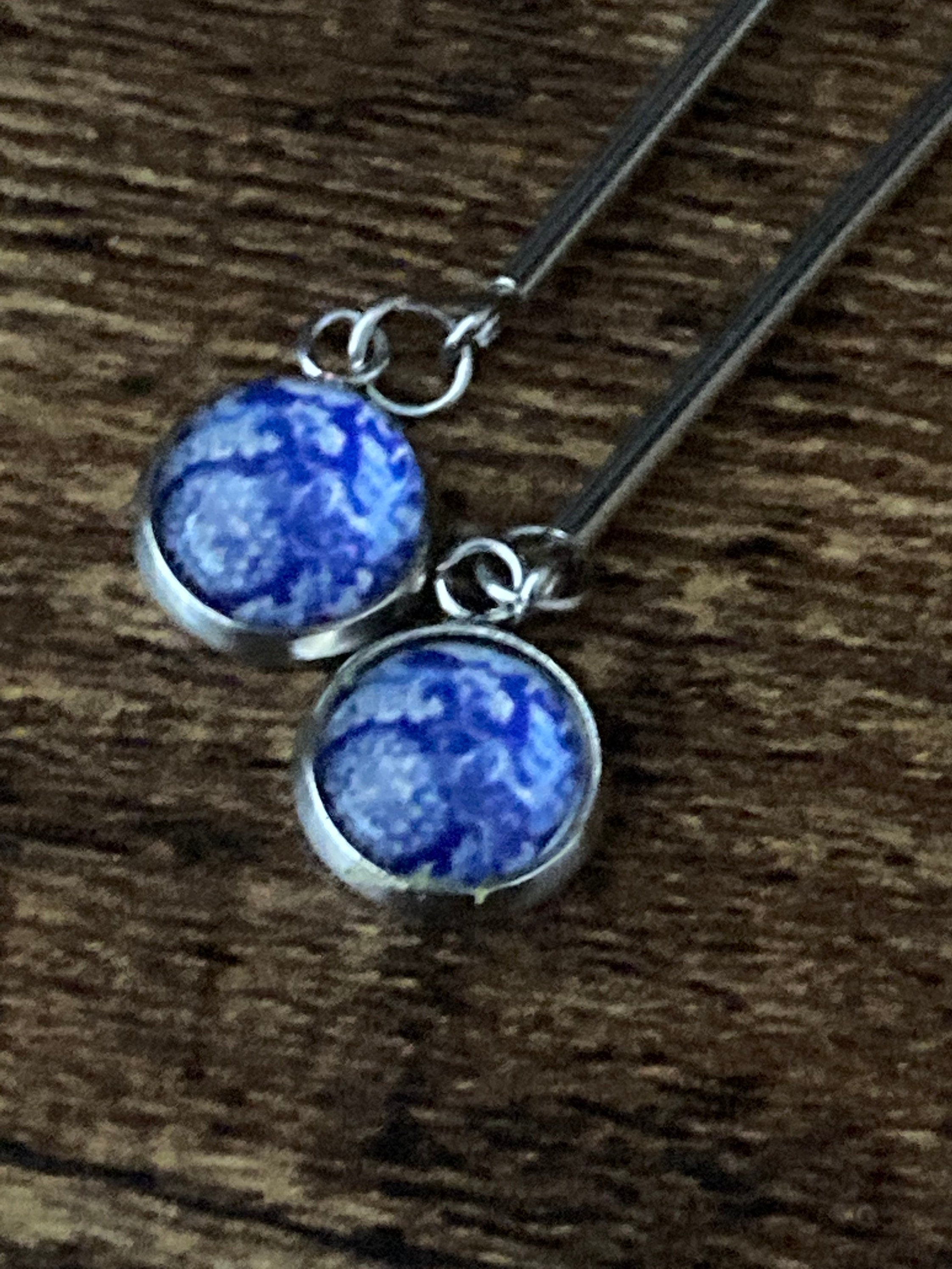 blue white Amari style dangly drop earrings pierced ears
