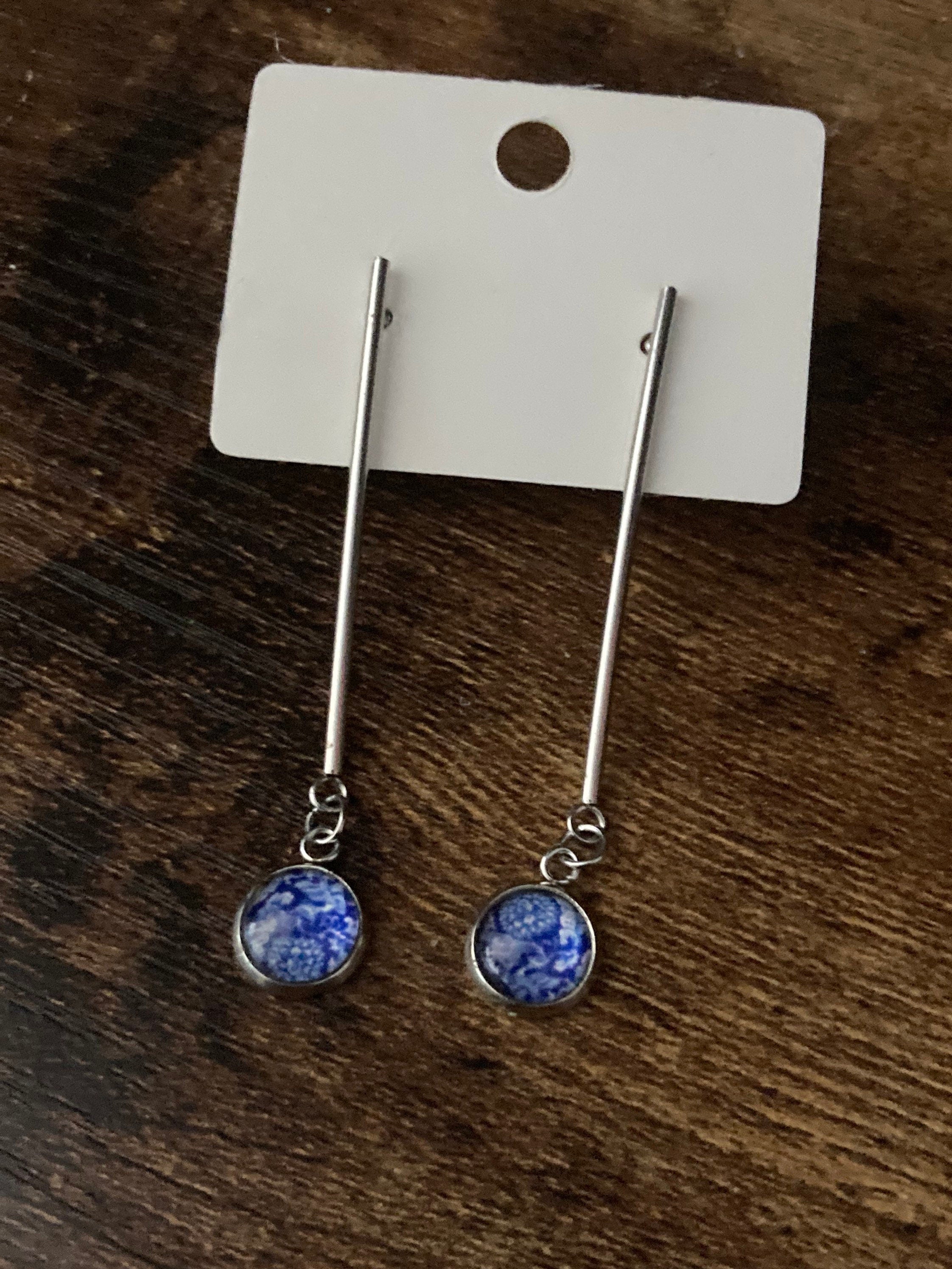 blue white Amari style dangly drop earrings pierced ears