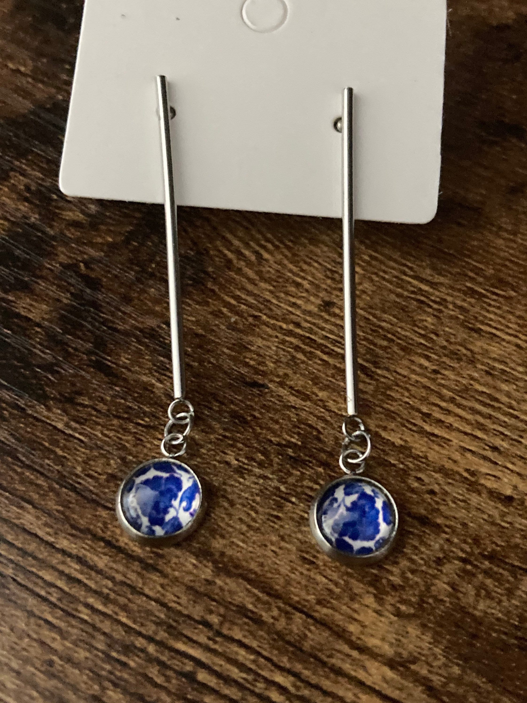 blue white Amari style dangly drop earrings pierced ears