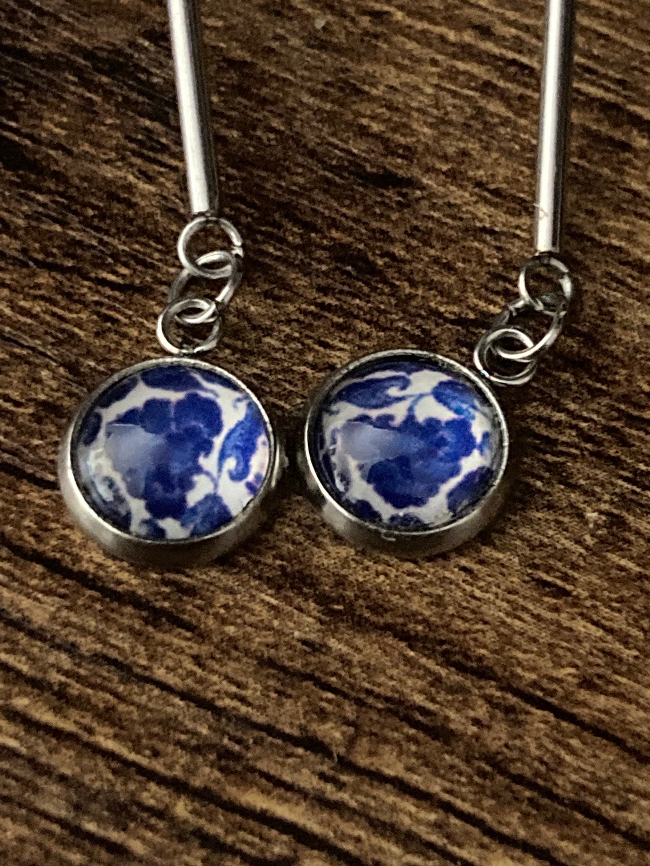 blue white Amari style dangly drop earrings pierced ears