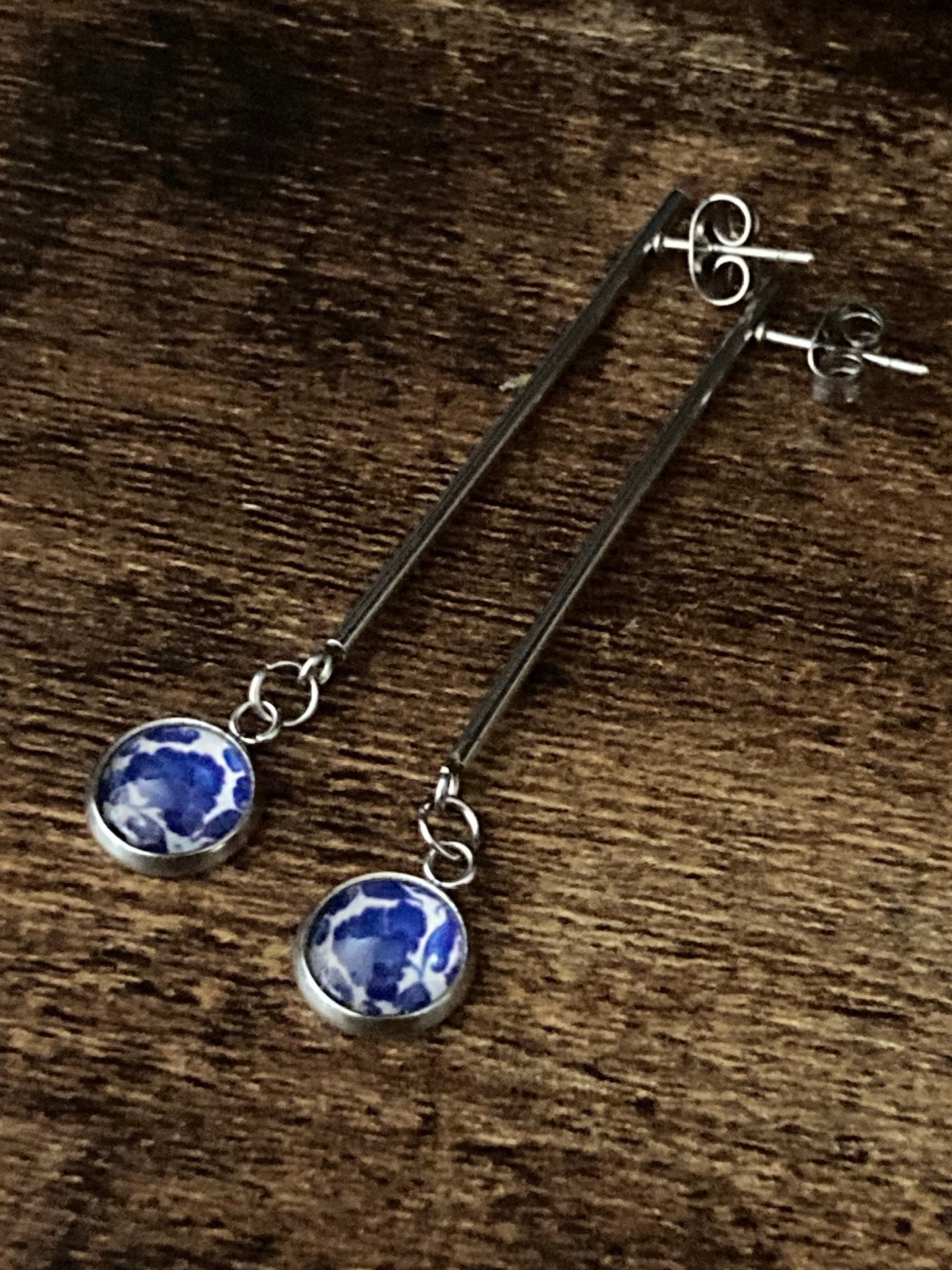 blue white Amari style dangly drop earrings pierced ears