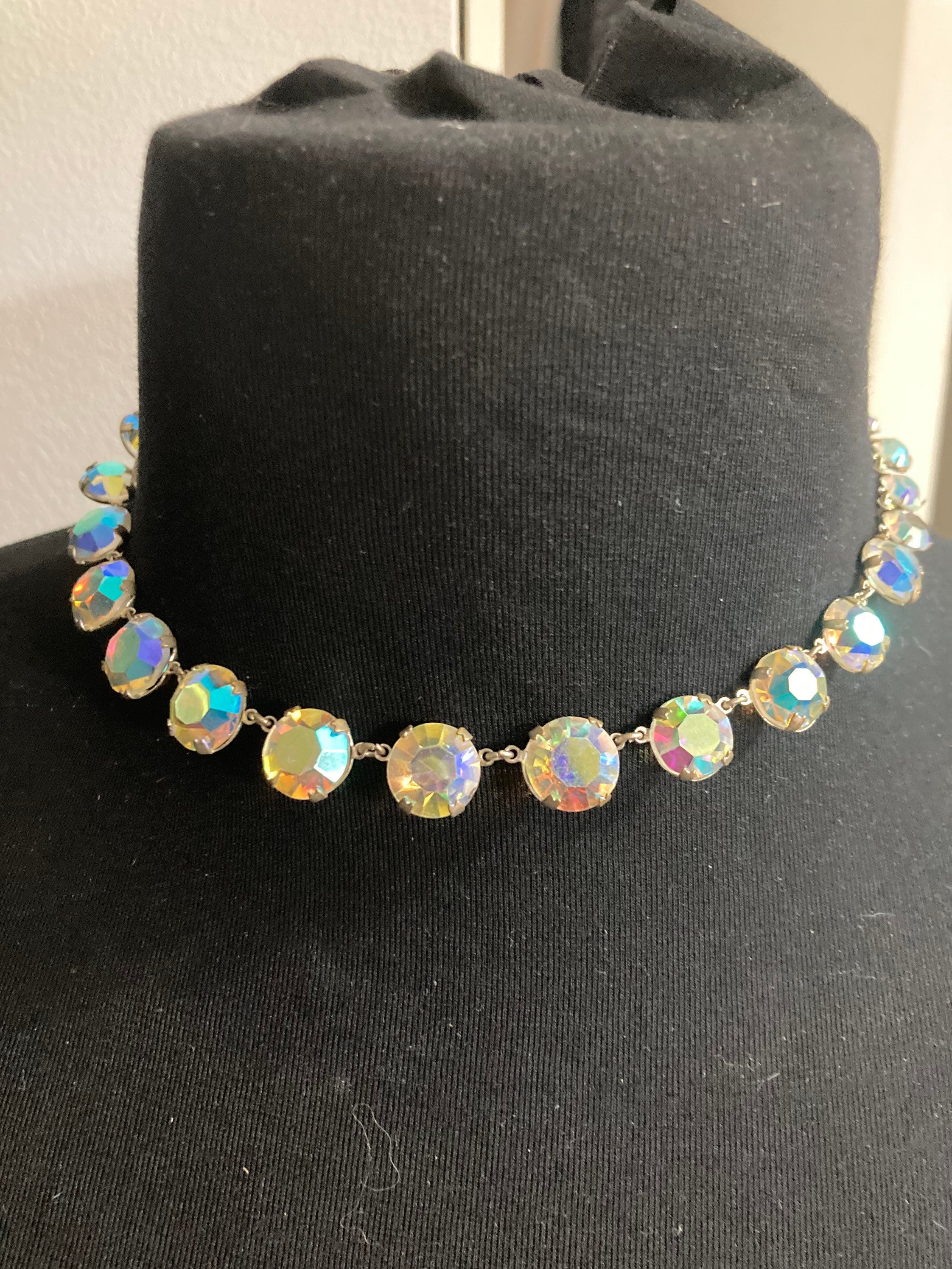 Vintage AB Aurora borealis glass necklace rainbow glass open back crystal rivière bezel set