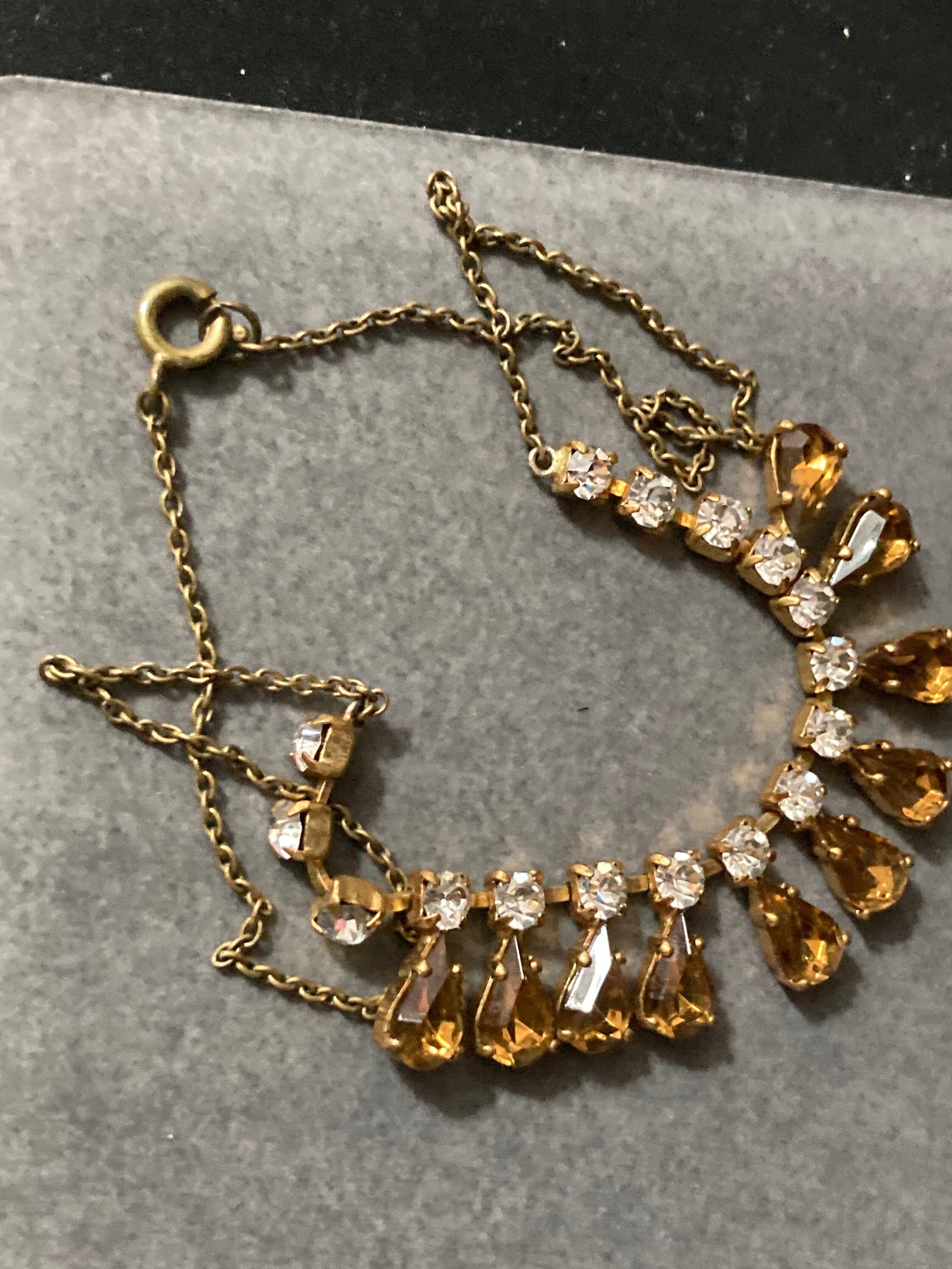 cognac topaz brown paste diamante necklace 42cm mid century gold tone