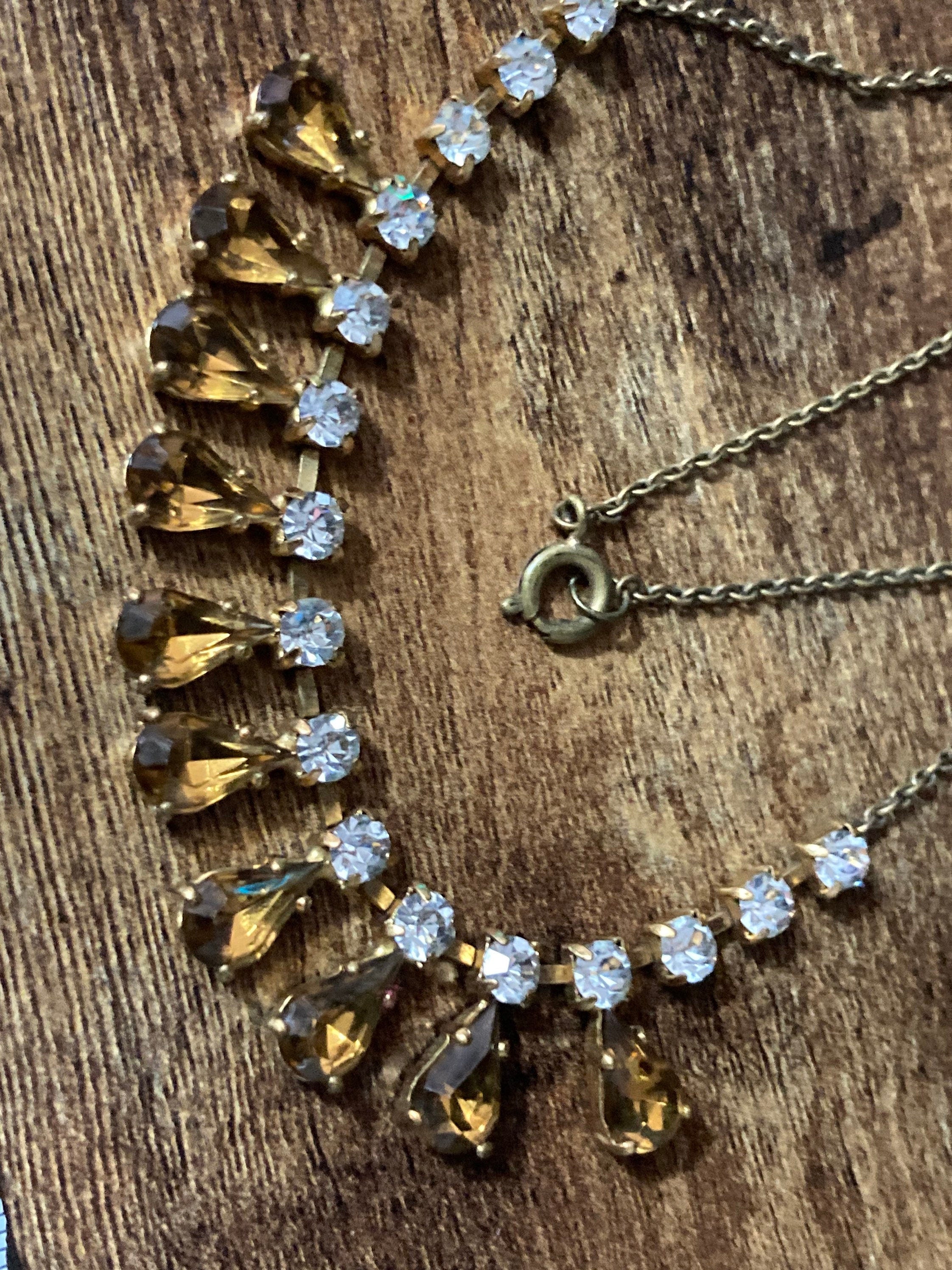 cognac topaz brown paste diamante necklace 42cm mid century gold tone