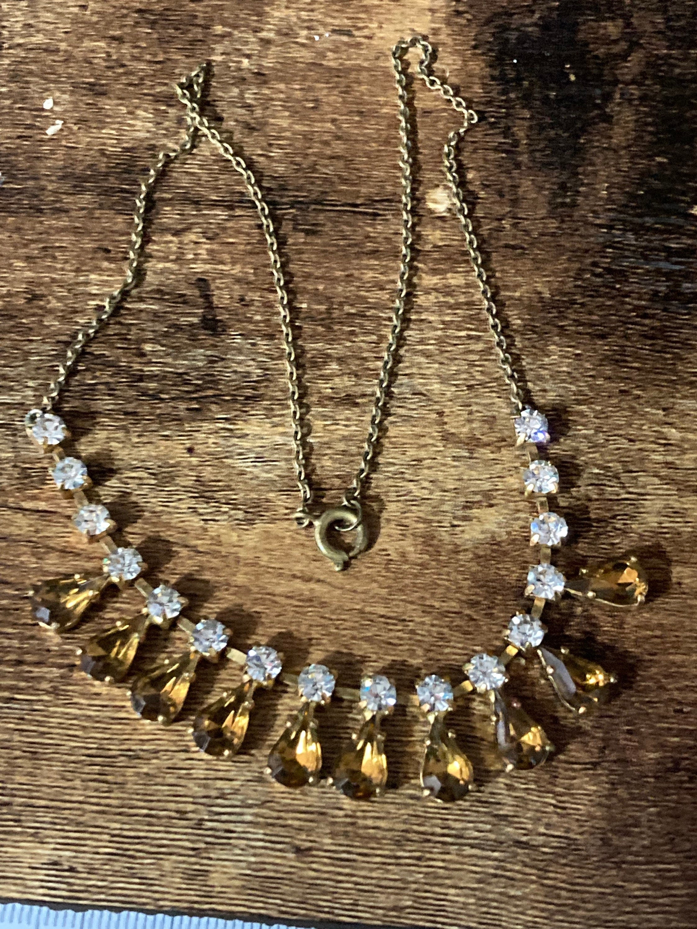 cognac topaz brown paste diamante necklace 42cm mid century gold tone