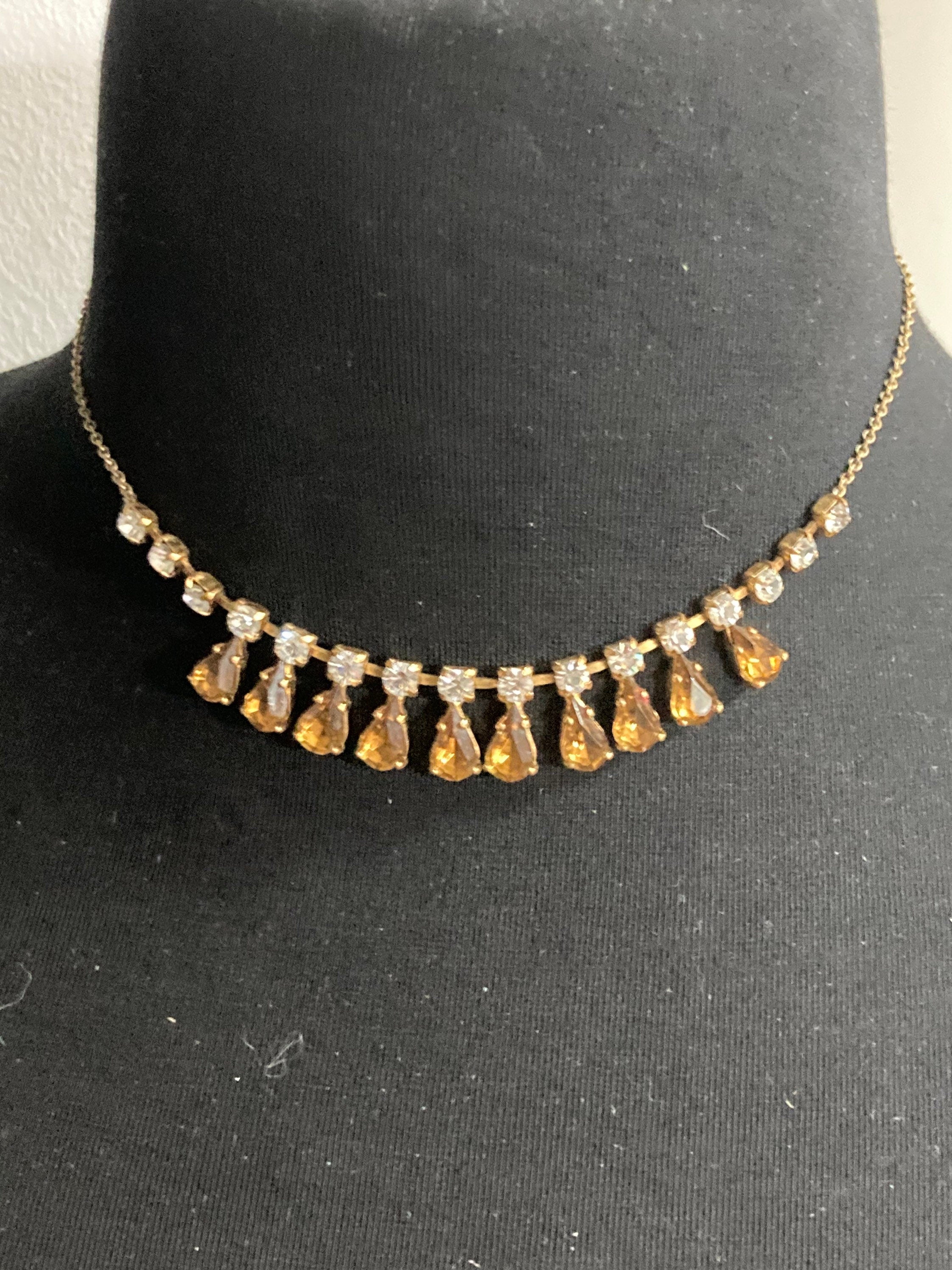 cognac topaz brown paste diamante necklace 42cm mid century gold tone