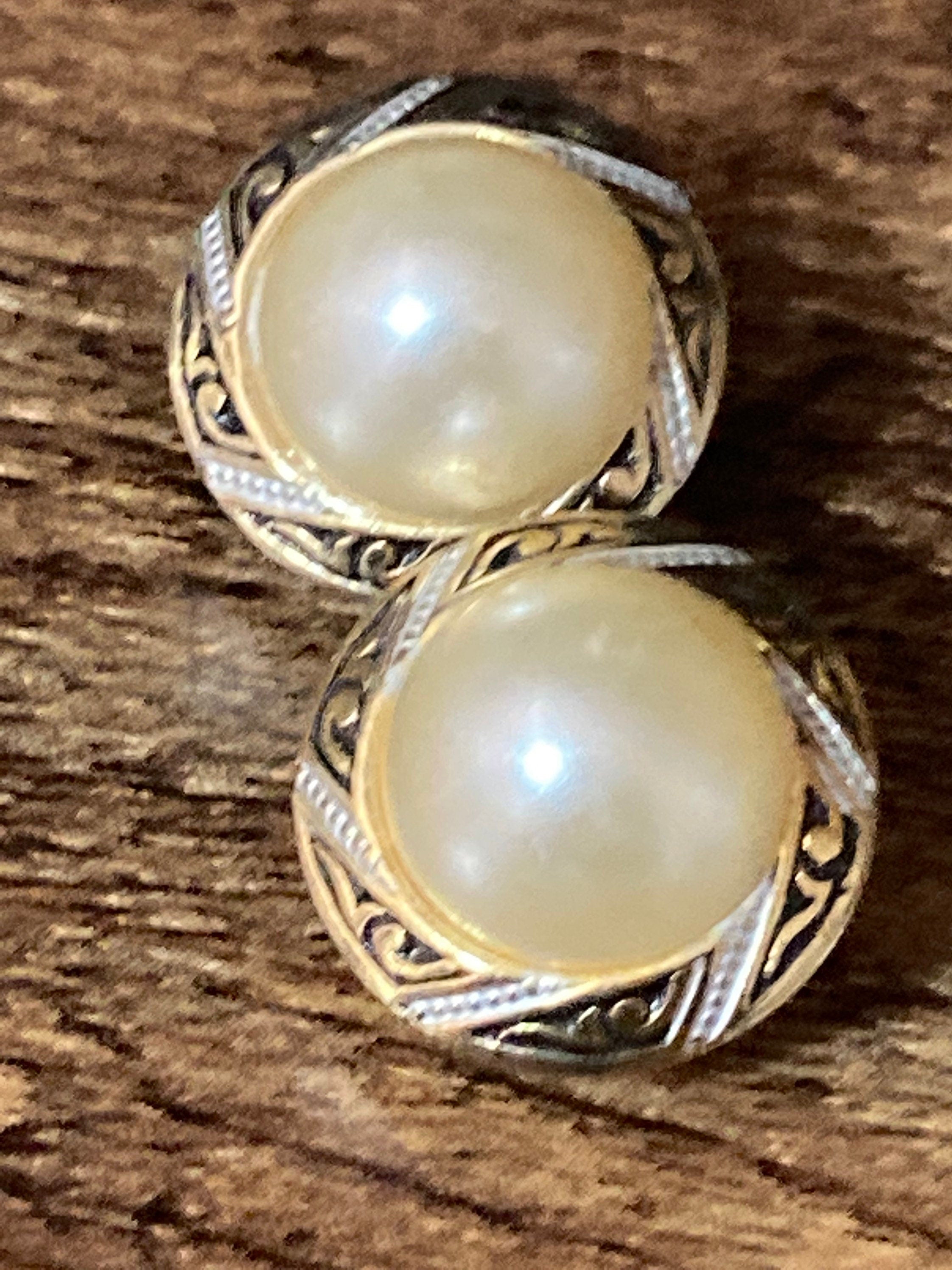 Small gold tone round damascene Toledo clip on faux pearl Stud button earrings 1980s