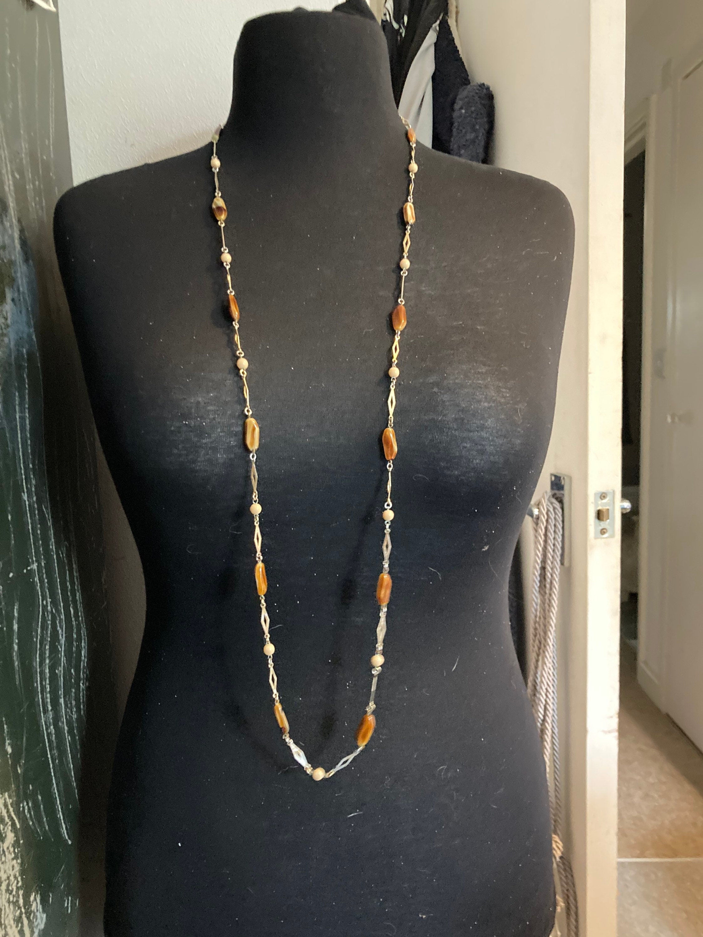 Vintage gold tone metal station chain link necklace brown glass beads