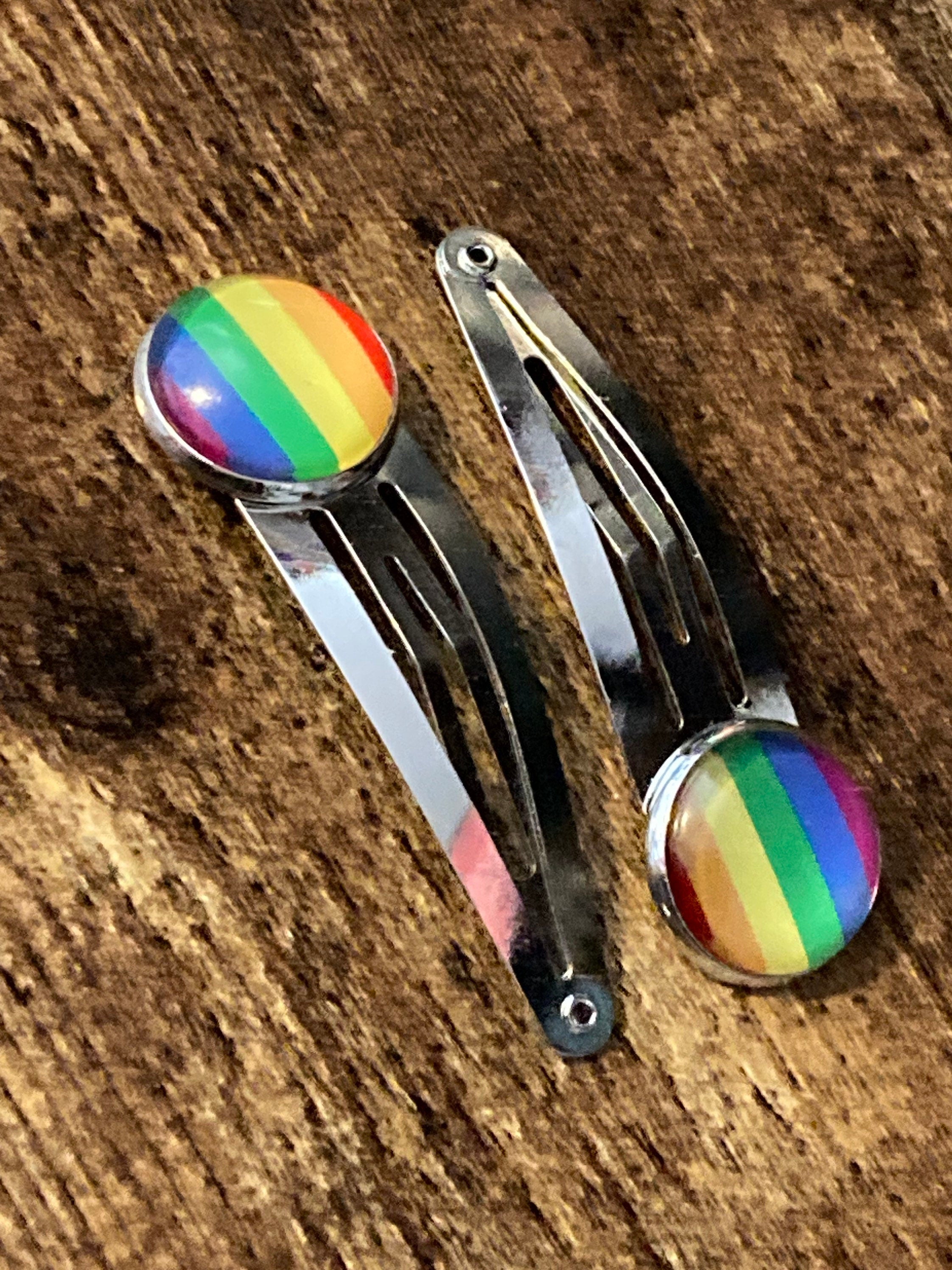 Rainbow hair clips silver tone snap lock