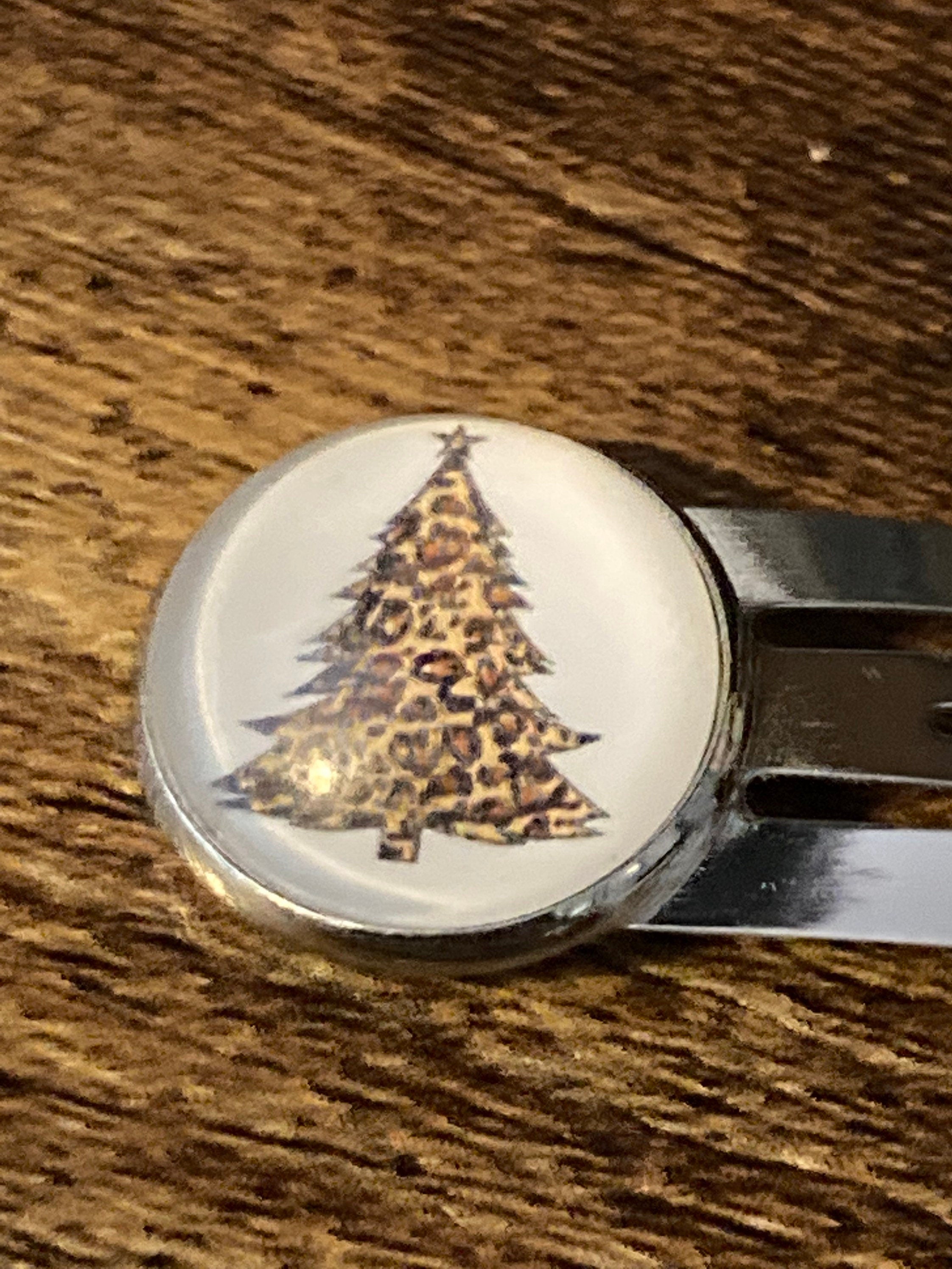Pair of 2 silver leopard print Christmas tree hair slides