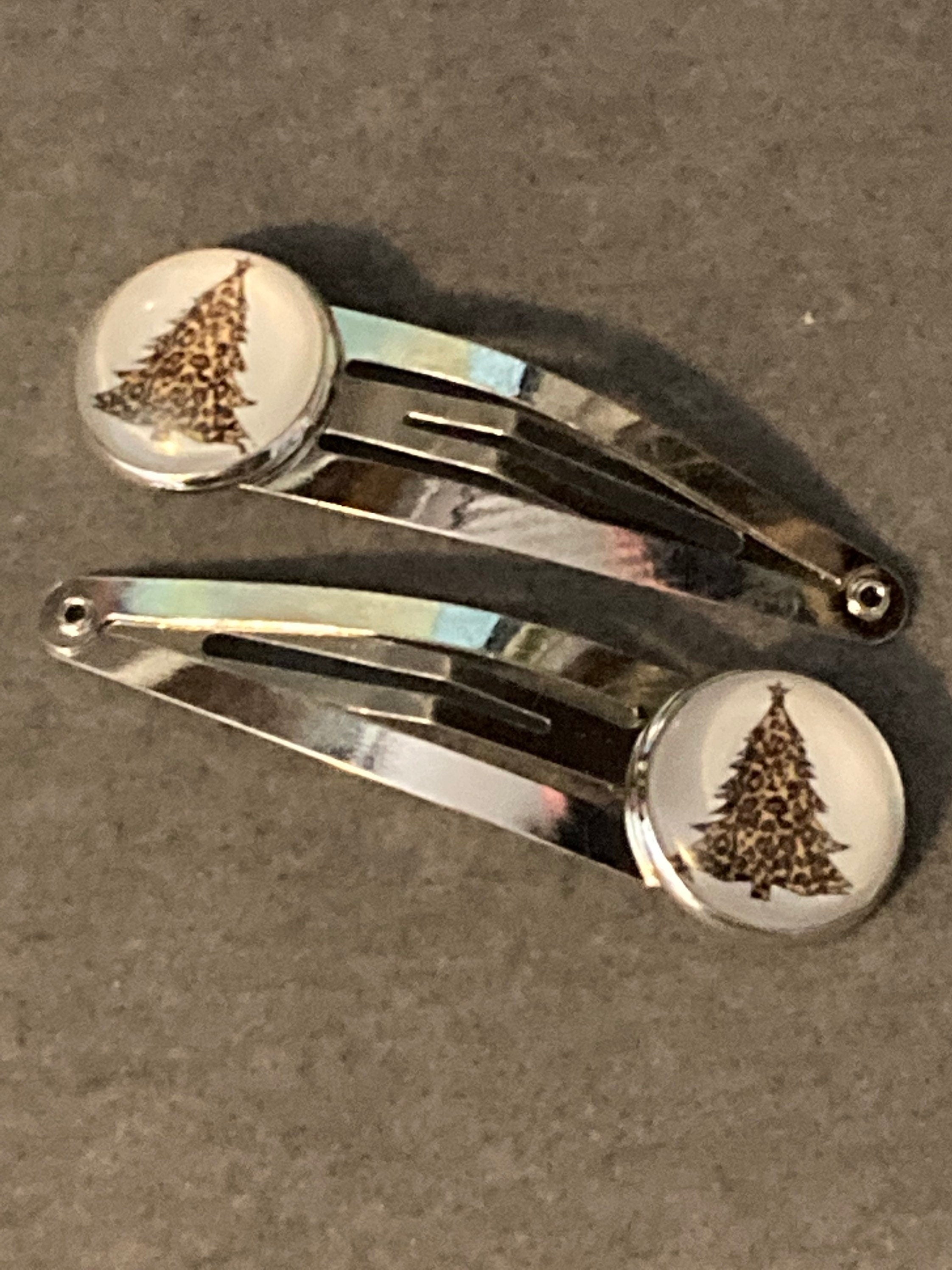 Pair of 2 silver leopard print Christmas tree hair slides