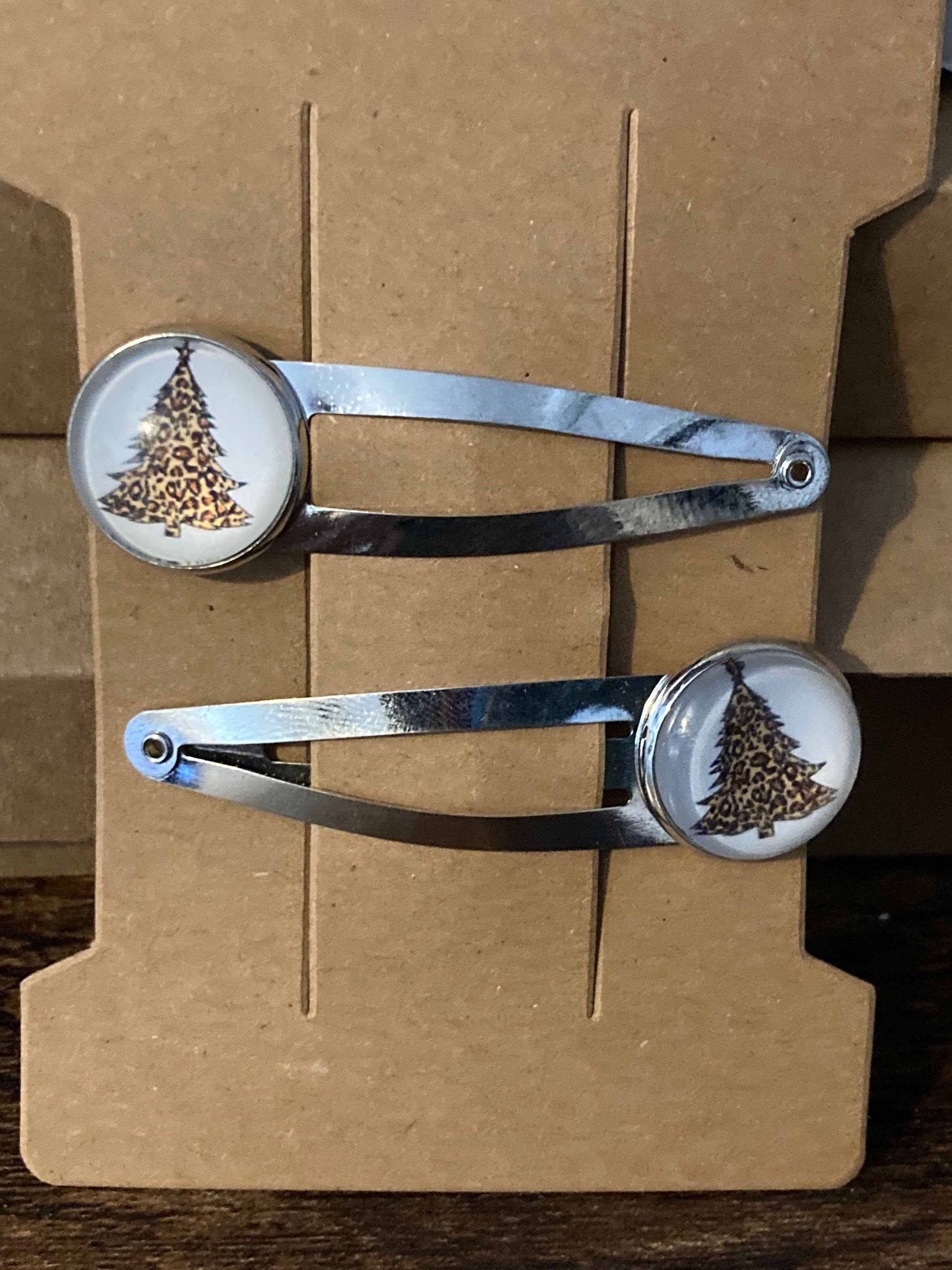 Pair of 2 silver leopard print Christmas tree hair slides