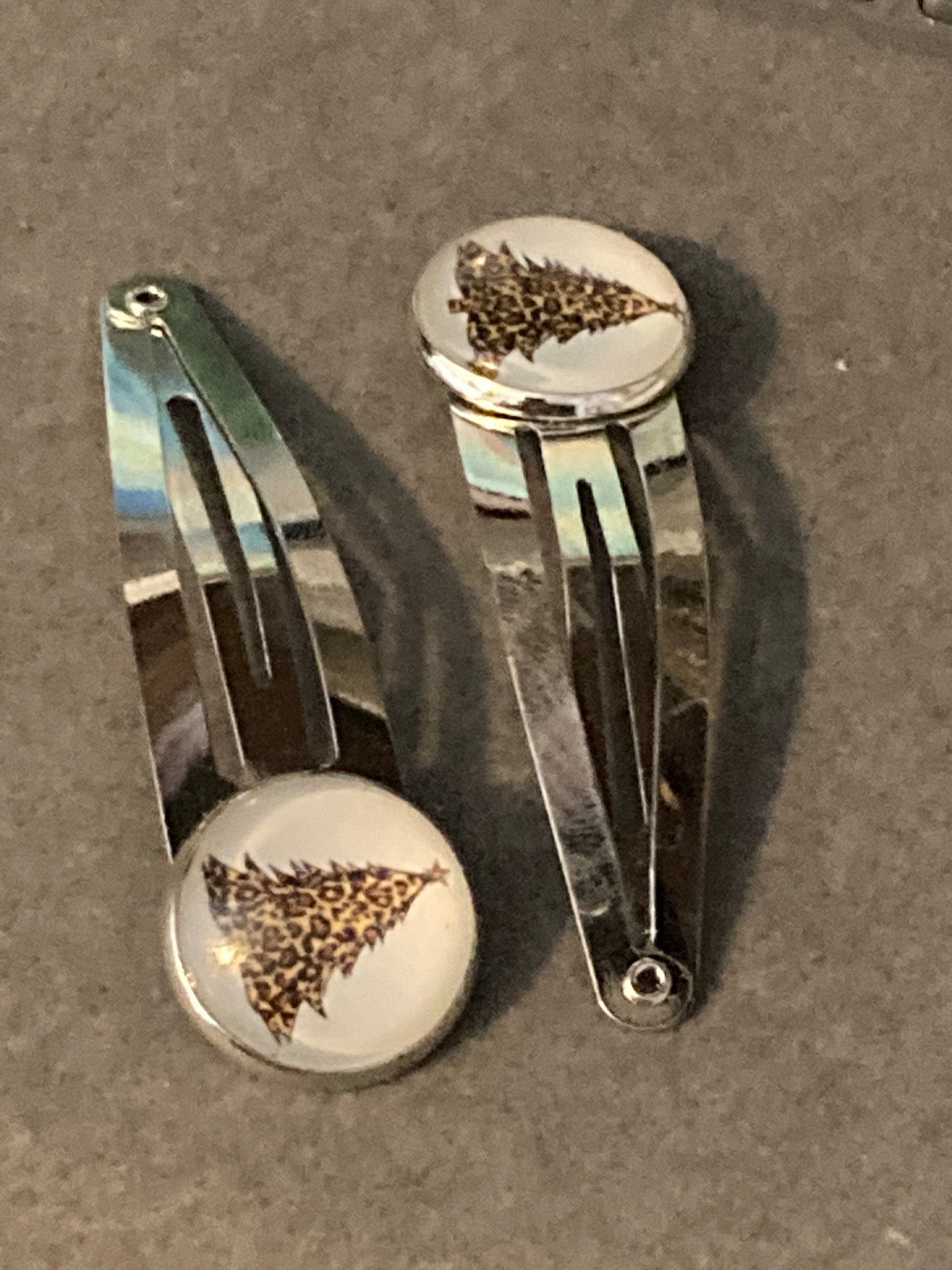 Pair of 2 silver leopard print Christmas tree hair slides