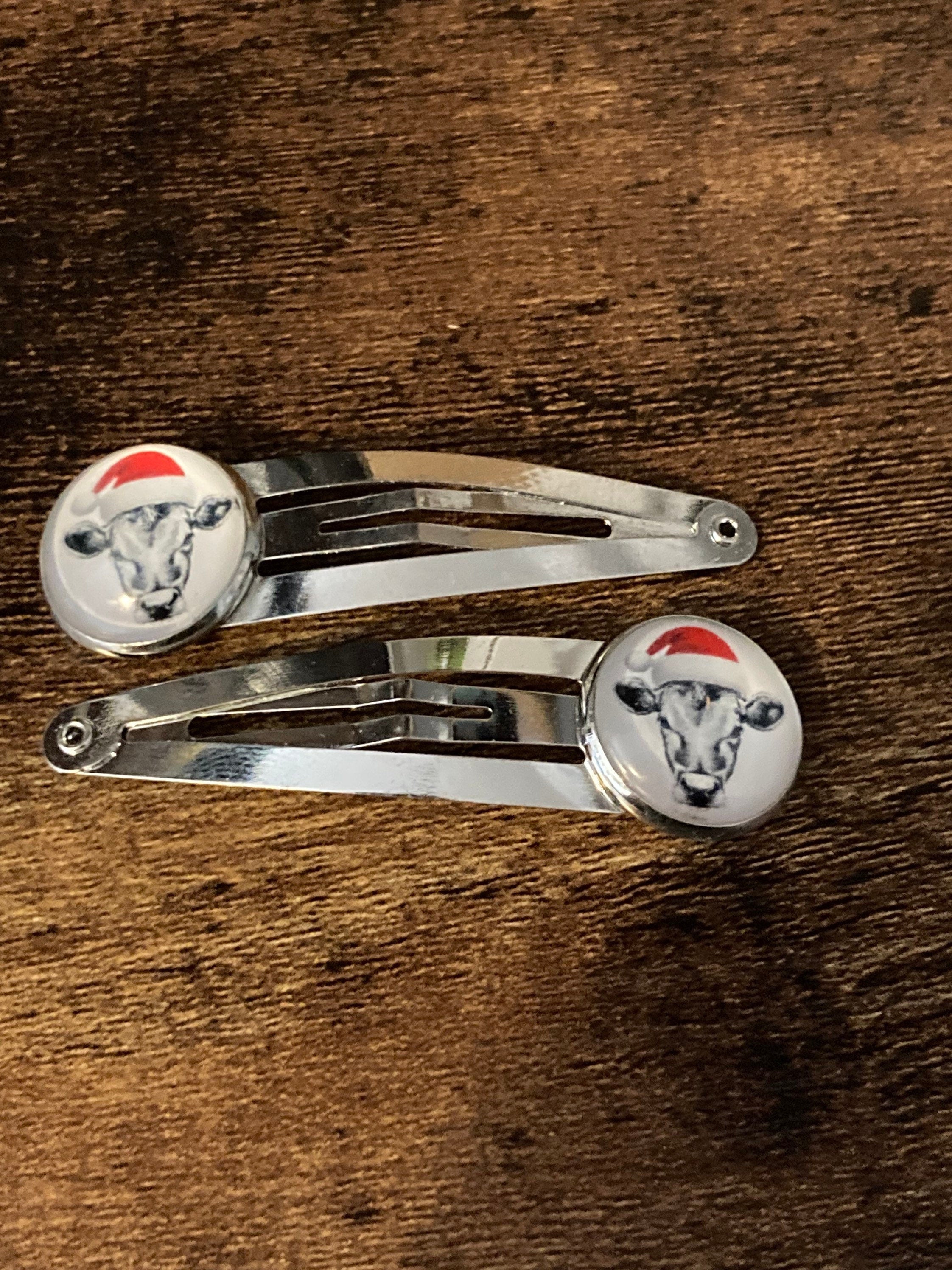 Pair silver Christmas cow  silver hair slides