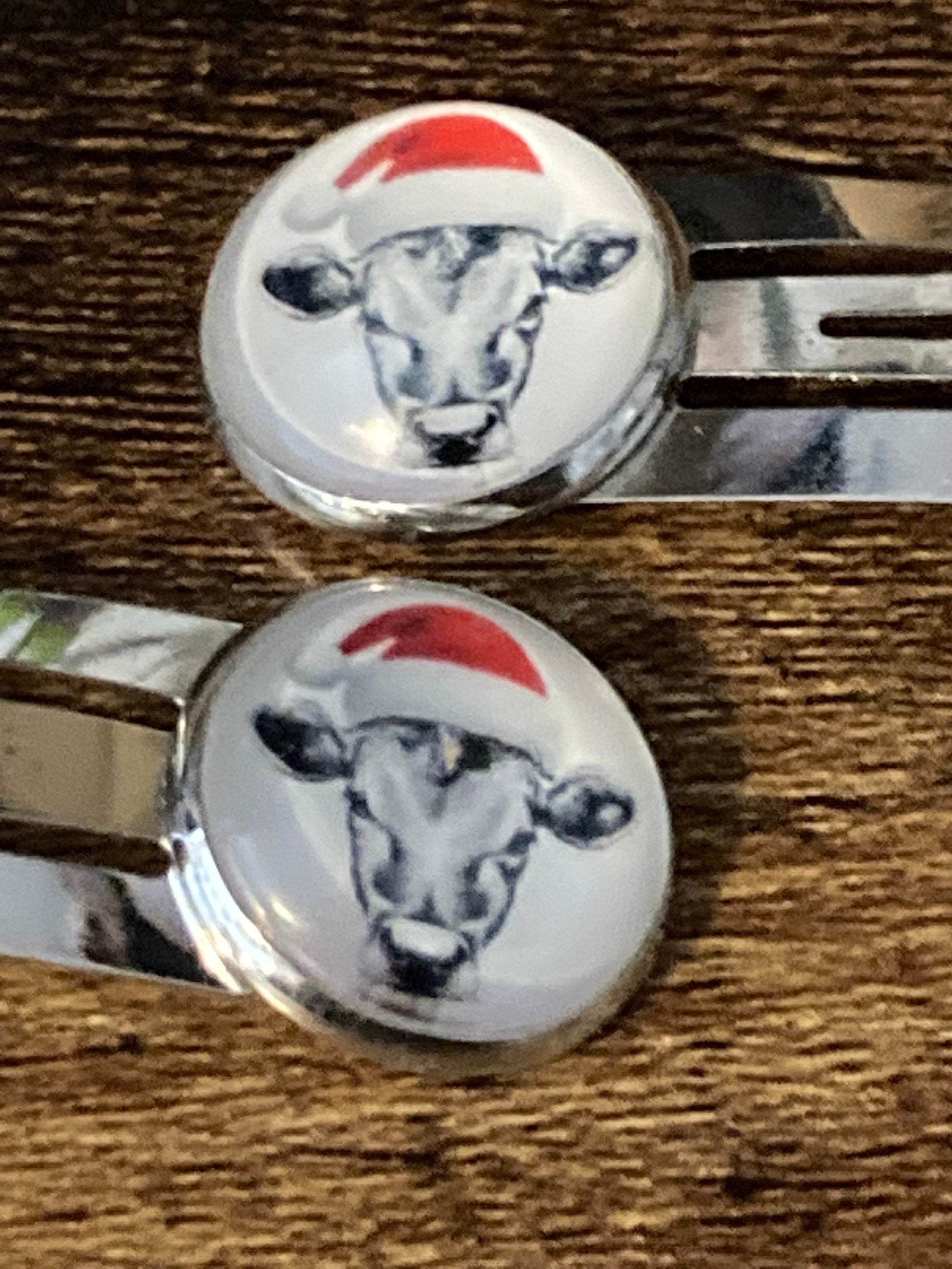 Pair silver Christmas cow  silver hair slides