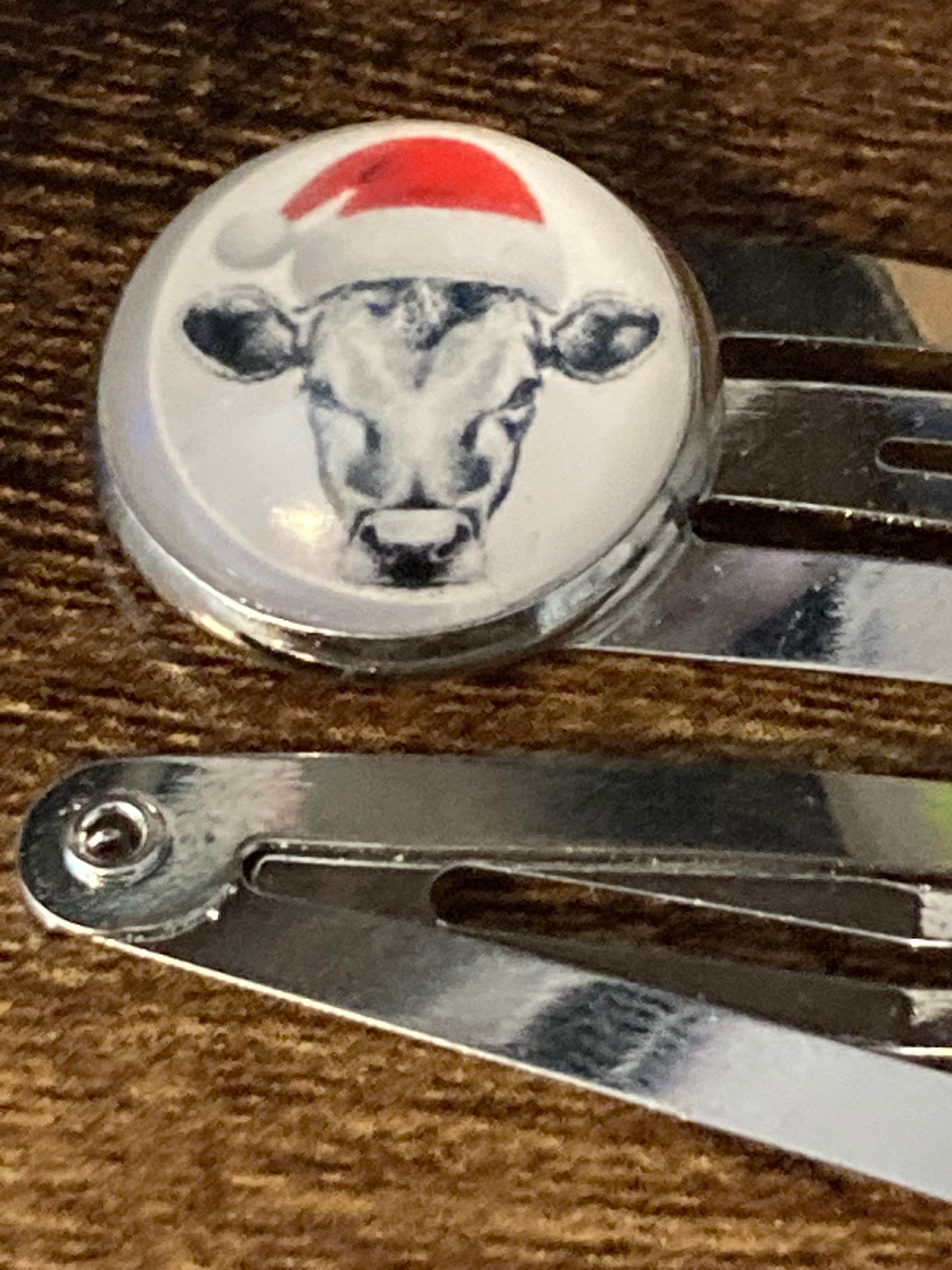 Pair silver Christmas cow  silver hair slides