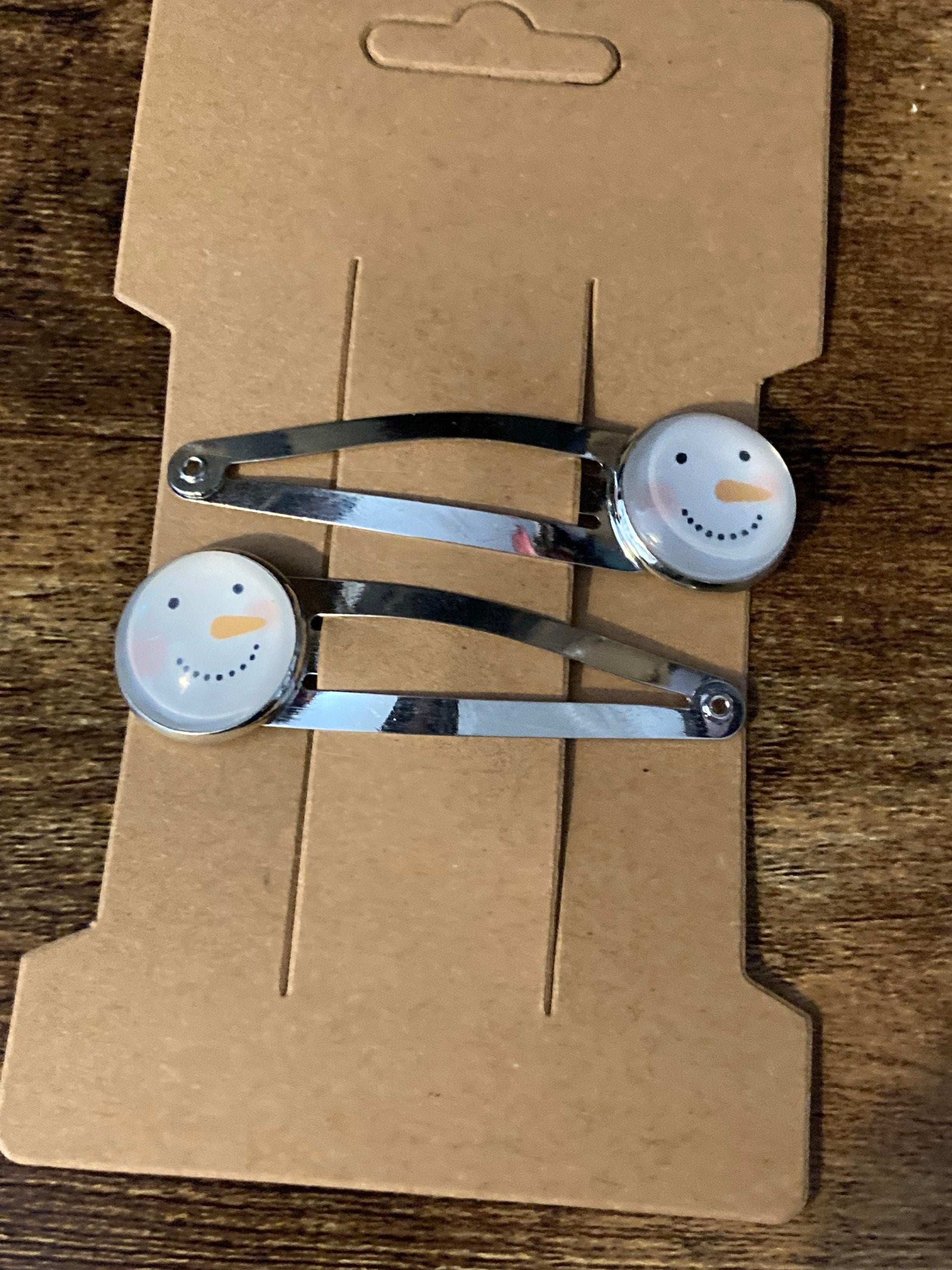 Pair of 2 Christmas snowman silver hair slides