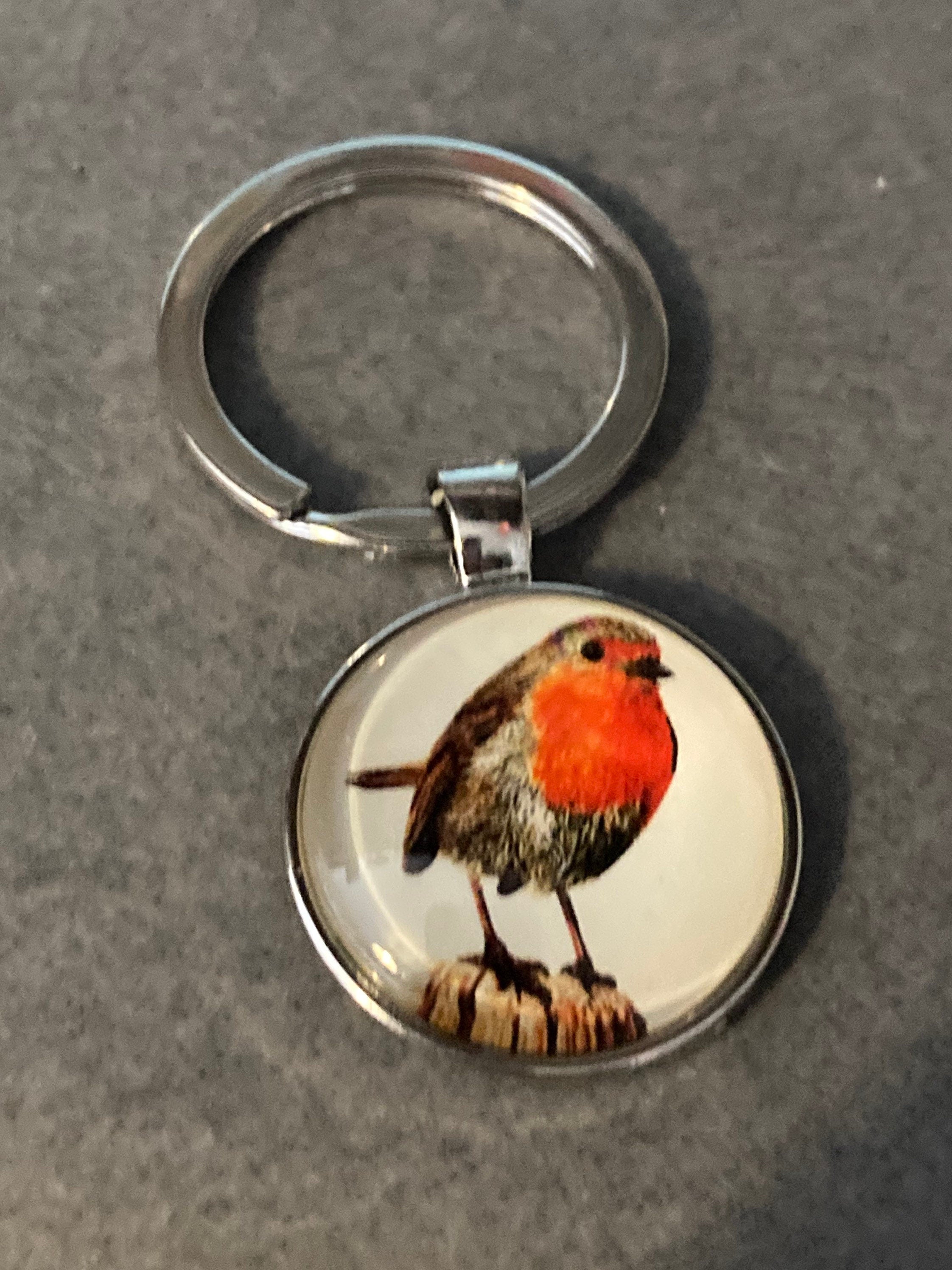 Handmade robin garden bird silver tone keyring with 25mm glass cabochon
