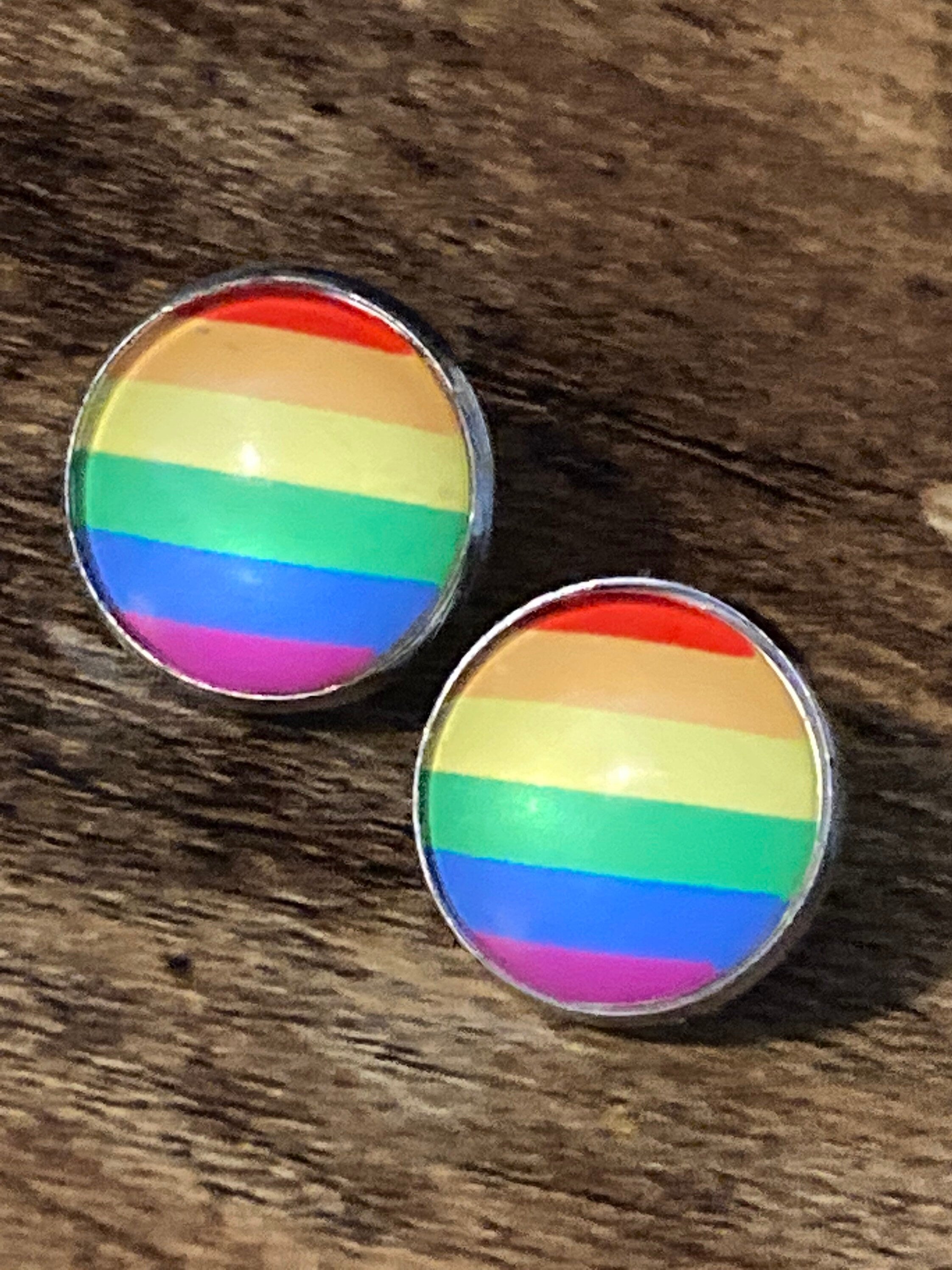 rainbow stud earrings glass cabochon pierced stainless steel