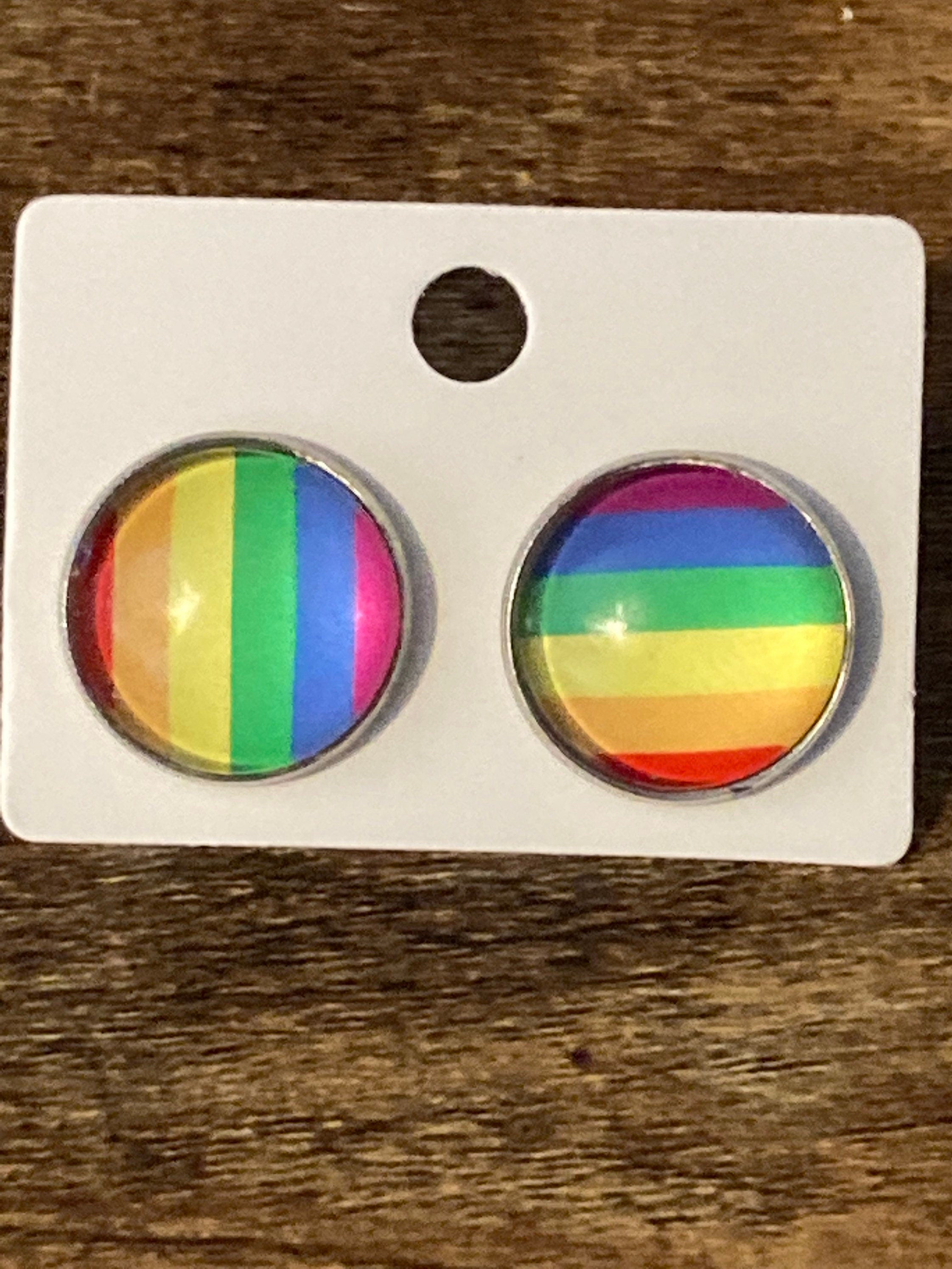 rainbow stud earrings glass cabochon pierced stainless steel