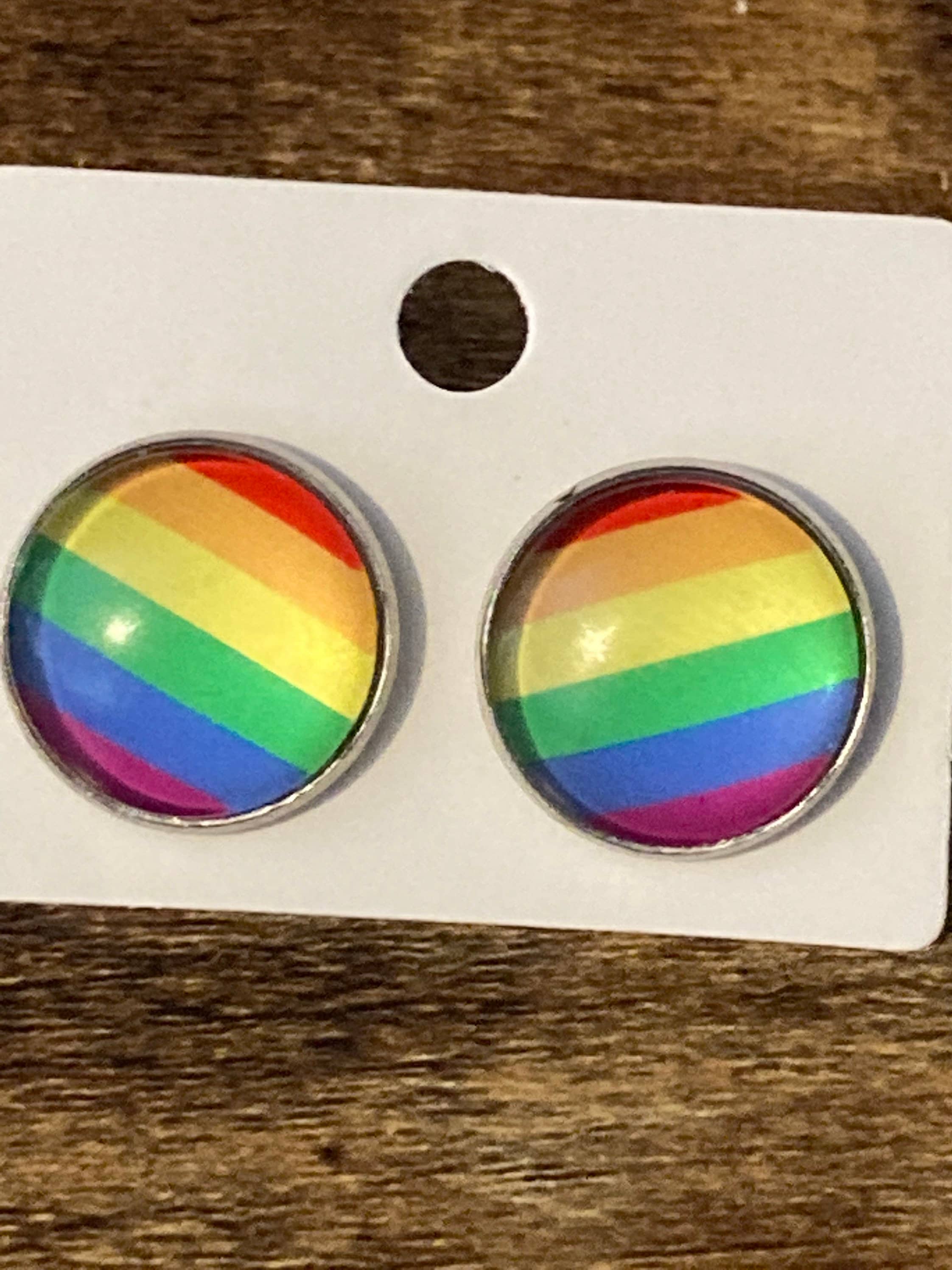 rainbow stud earrings glass cabochon pierced stainless steel