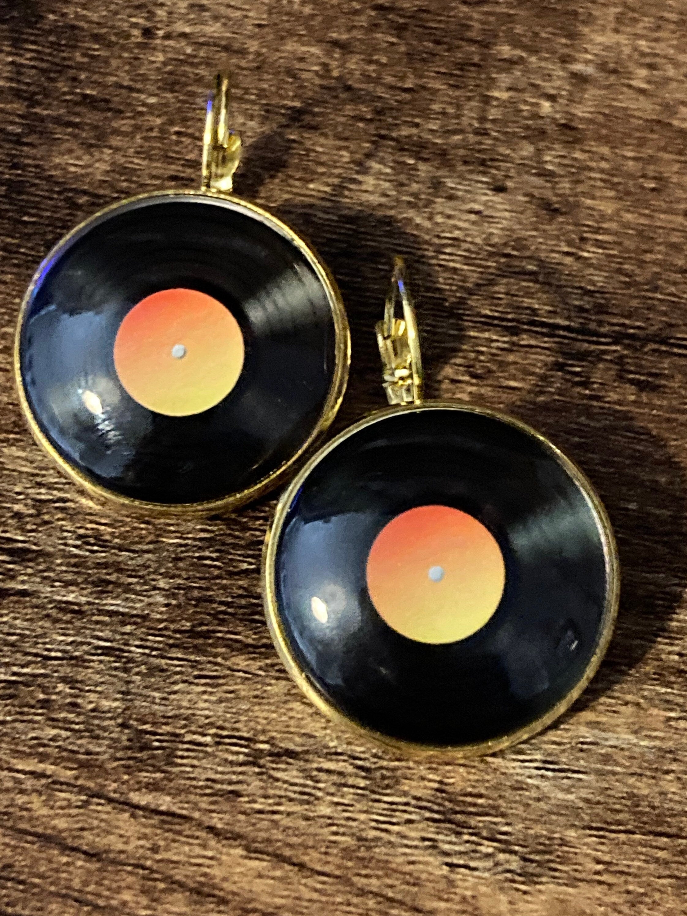 25mm Vinyl record drop earrings glass Retro style Black orange disc
