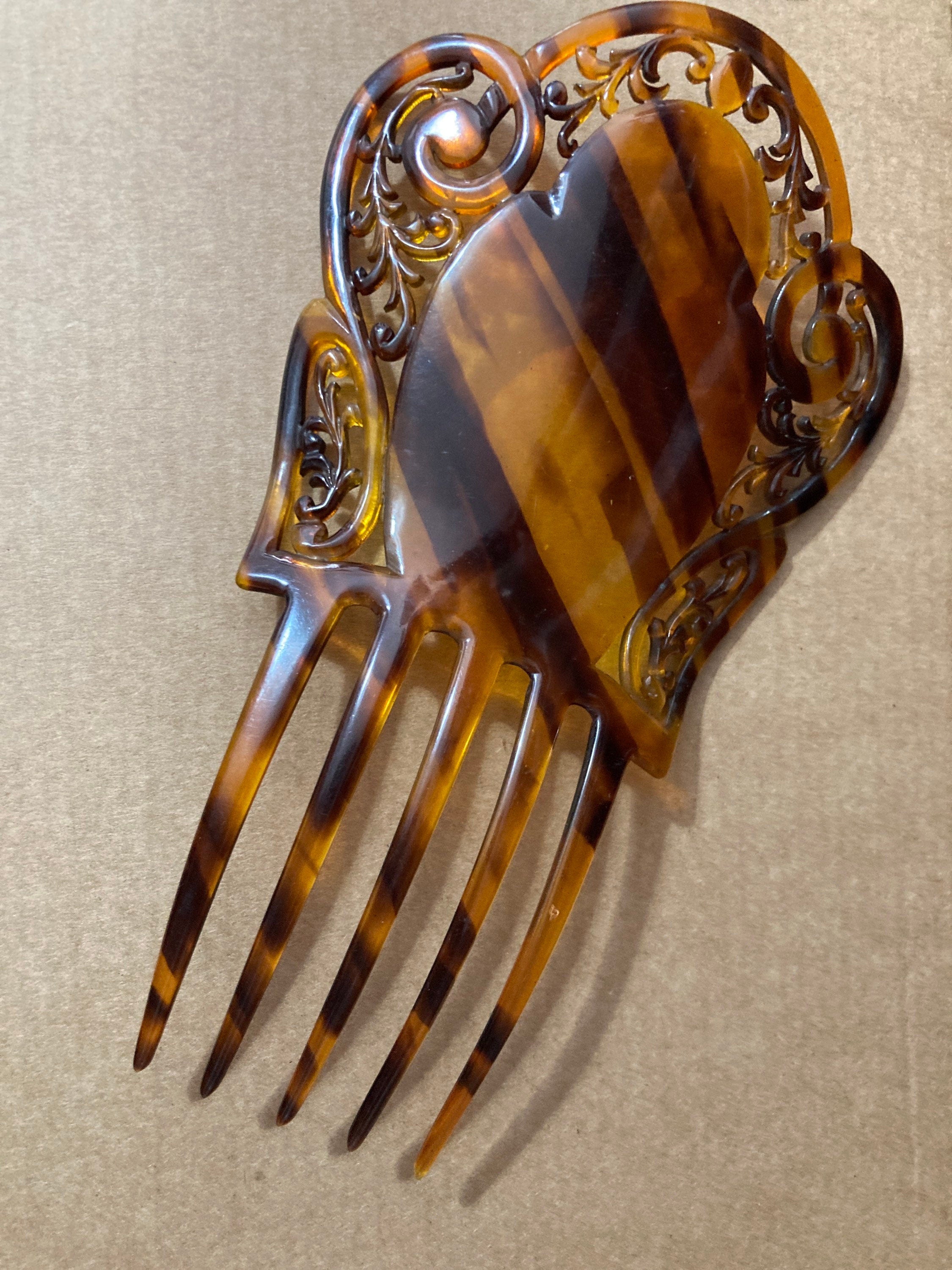 Antique Mantilla Comb Brown Faux Tortoiseshell Celluloid Cut out work Hair Slides Peineta