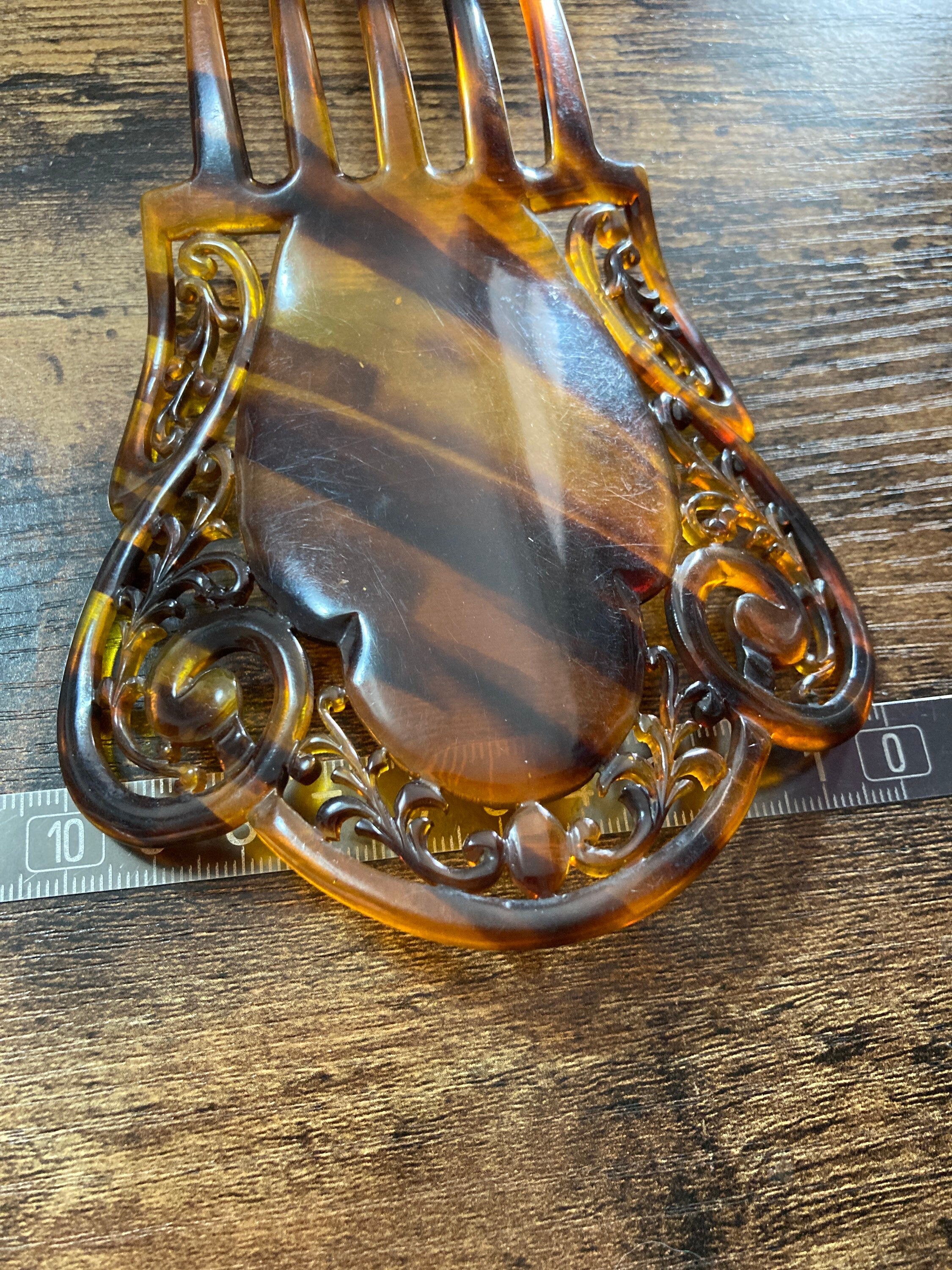 Antique Mantilla Comb Brown Faux Tortoiseshell Celluloid Cut out work Hair Slides Peineta
