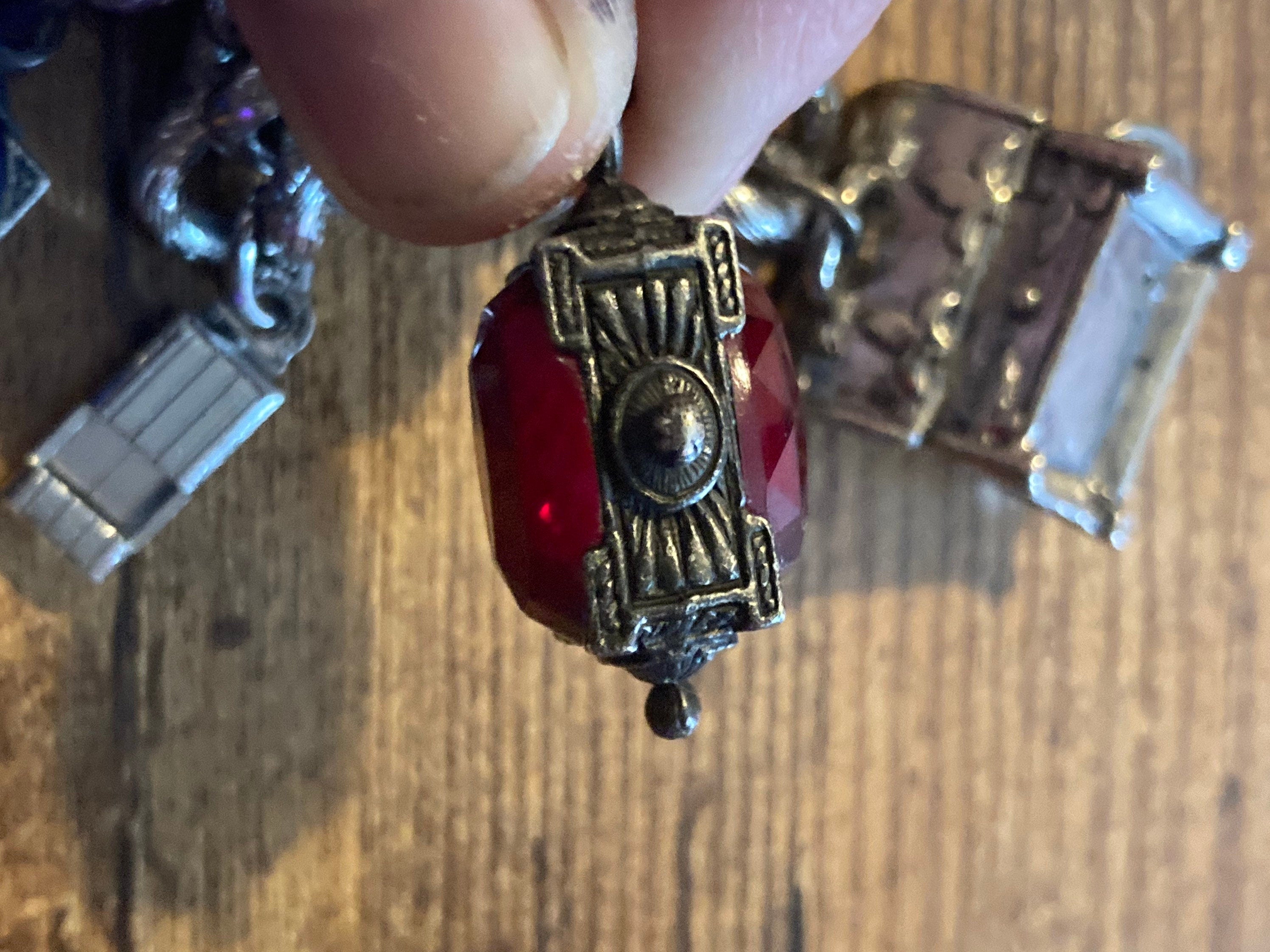 vintage 1970s Silver tone chunky charm bracelet glass cabochons