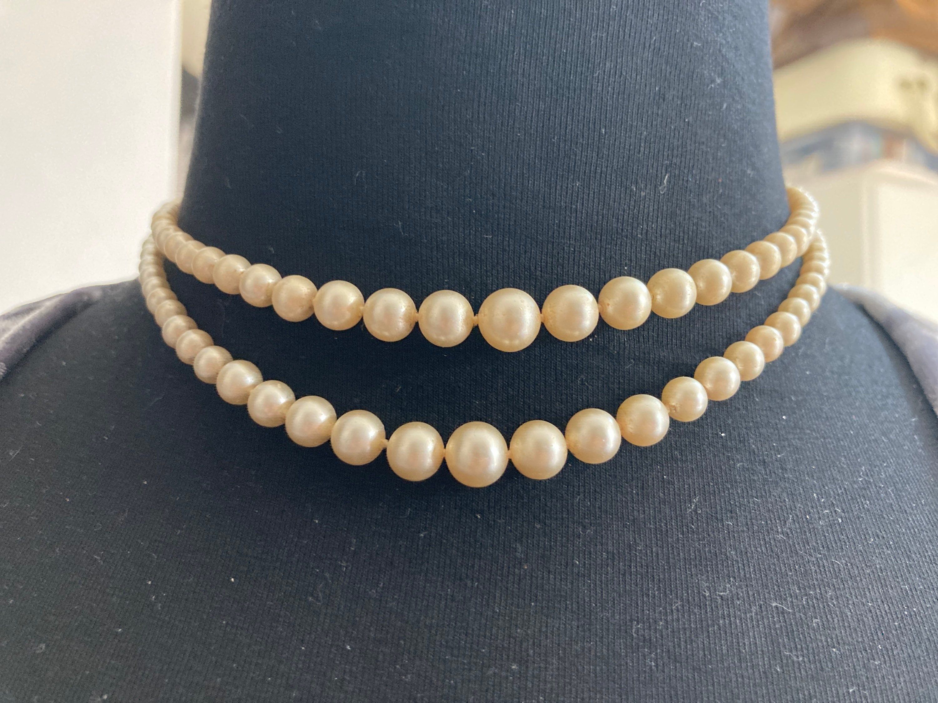 vintage 2 row cream glass pearl necklace 925 sterling silver clasp 41cm