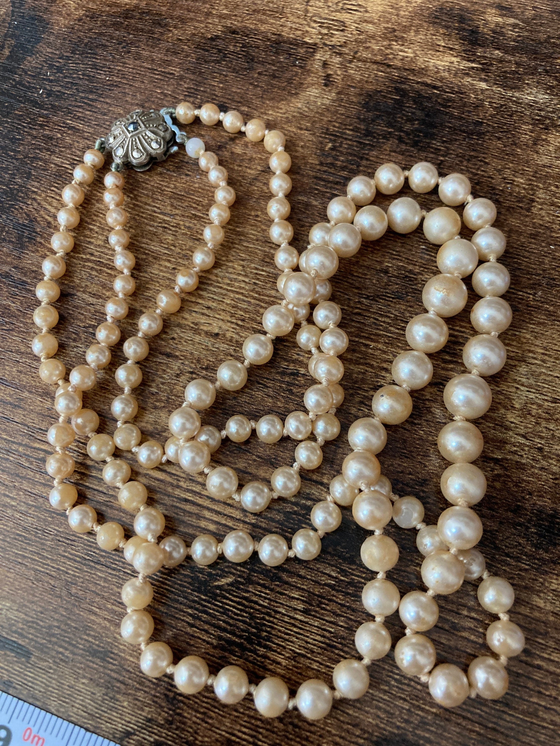 double strand 2 row dark cream glass knotted pearl necklace with ornate 925 sterling silver clasp