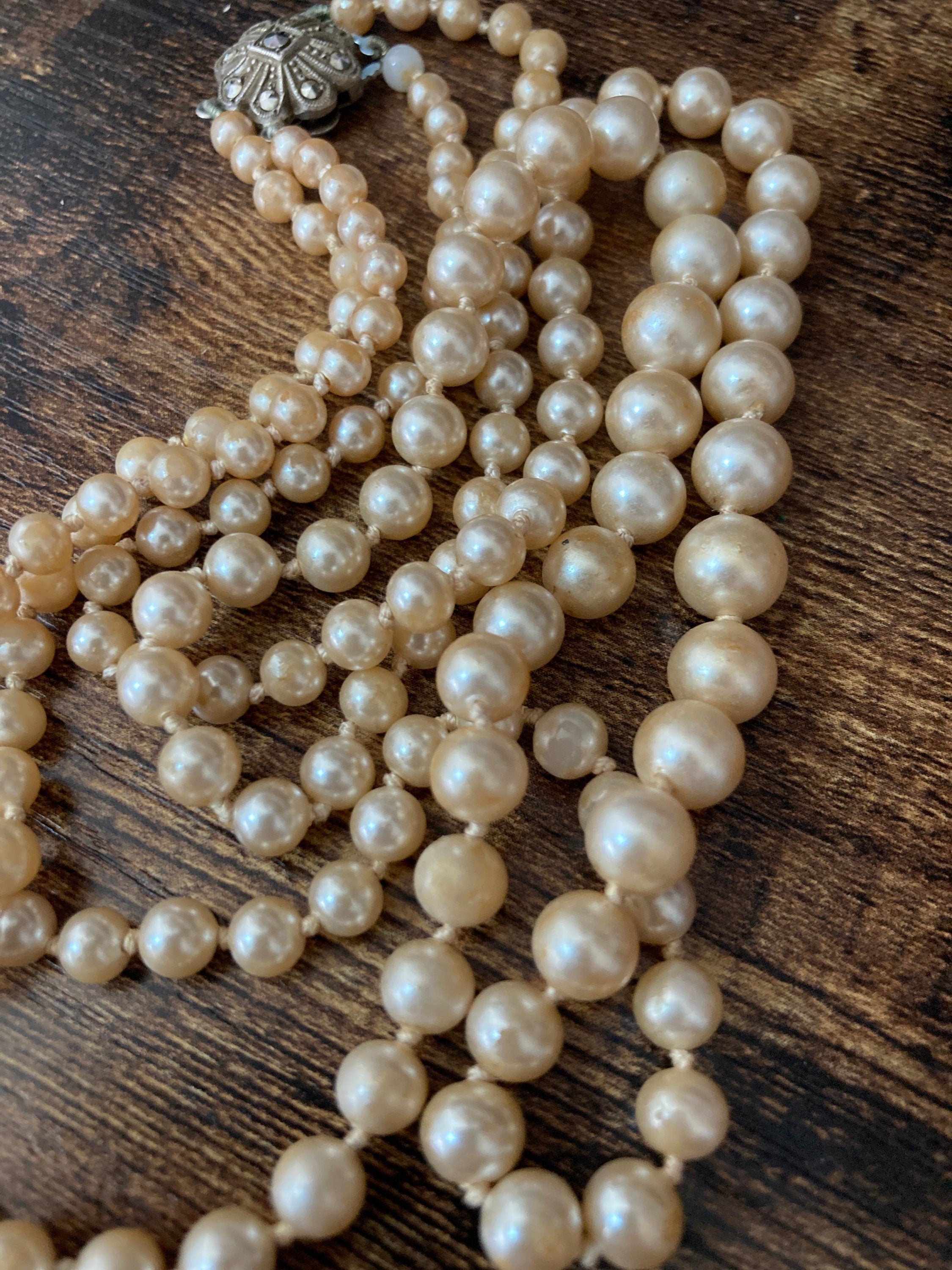 double strand 2 row dark cream glass knotted pearl necklace with ornate 925 sterling silver clasp