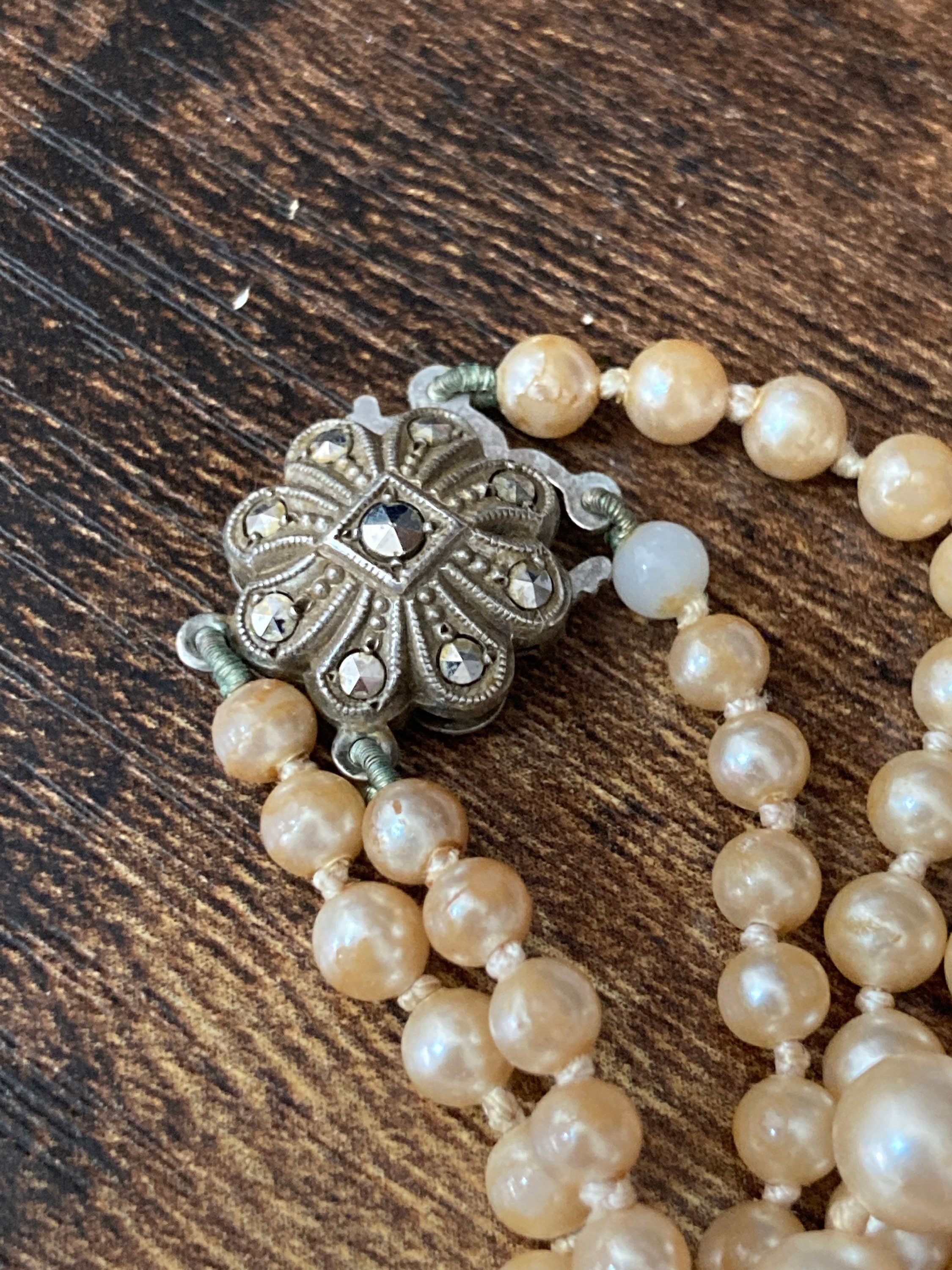 double strand 2 row dark cream glass knotted pearl necklace with ornate 925 sterling silver clasp