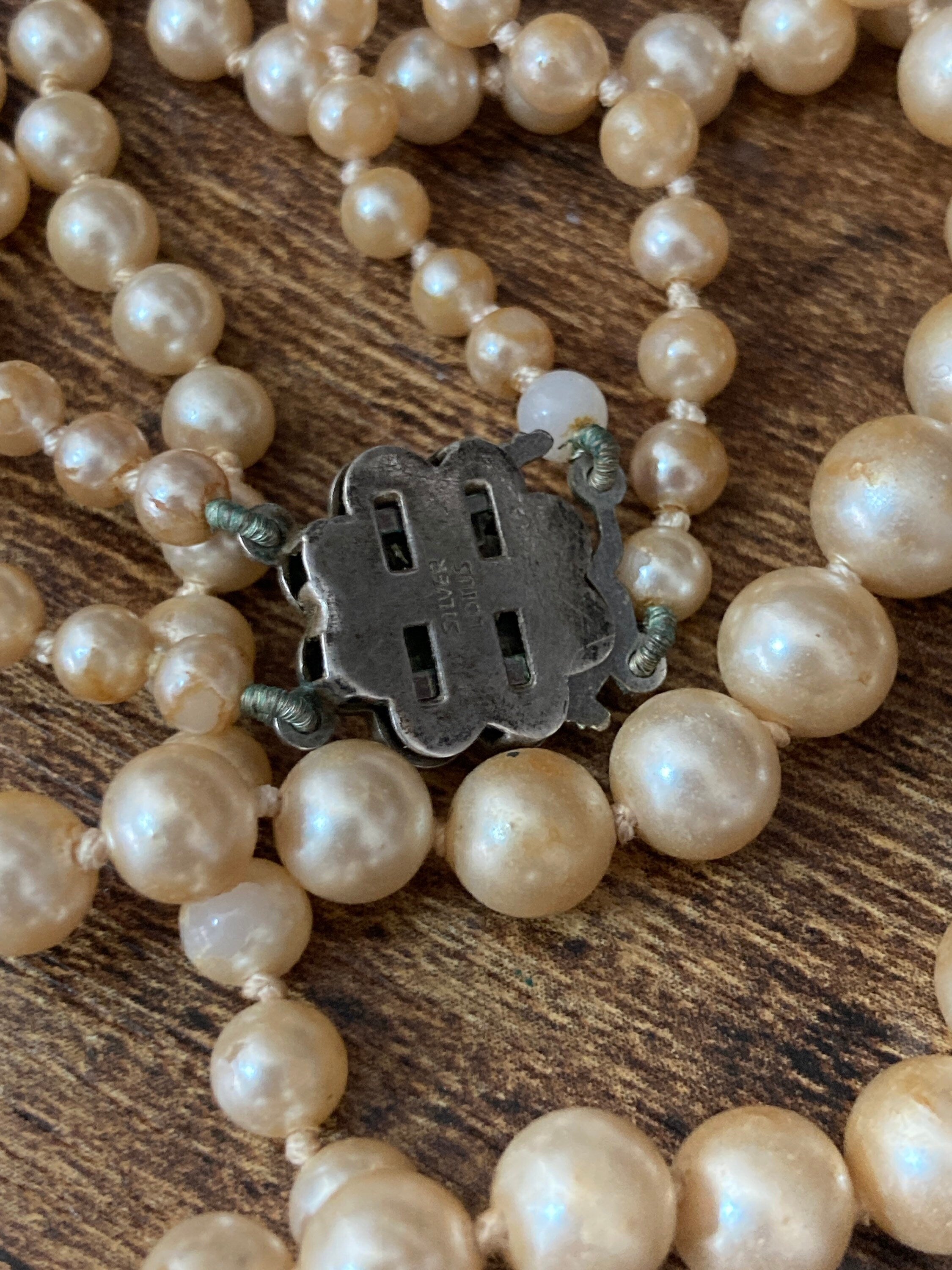 double strand 2 row dark cream glass knotted pearl necklace with ornate 925 sterling silver clasp