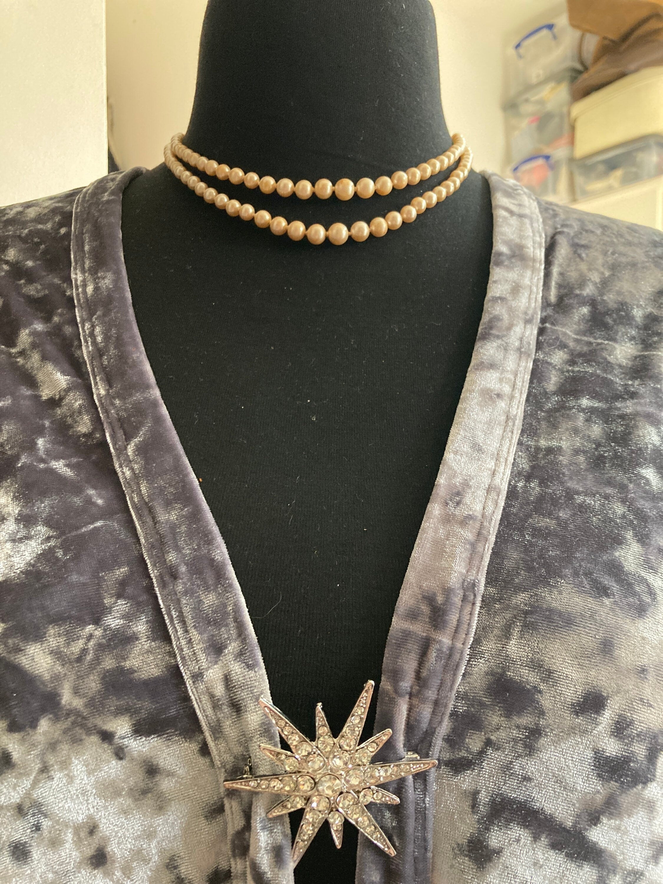 double strand 2 row dark cream glass knotted pearl necklace with ornate 925 sterling silver clasp