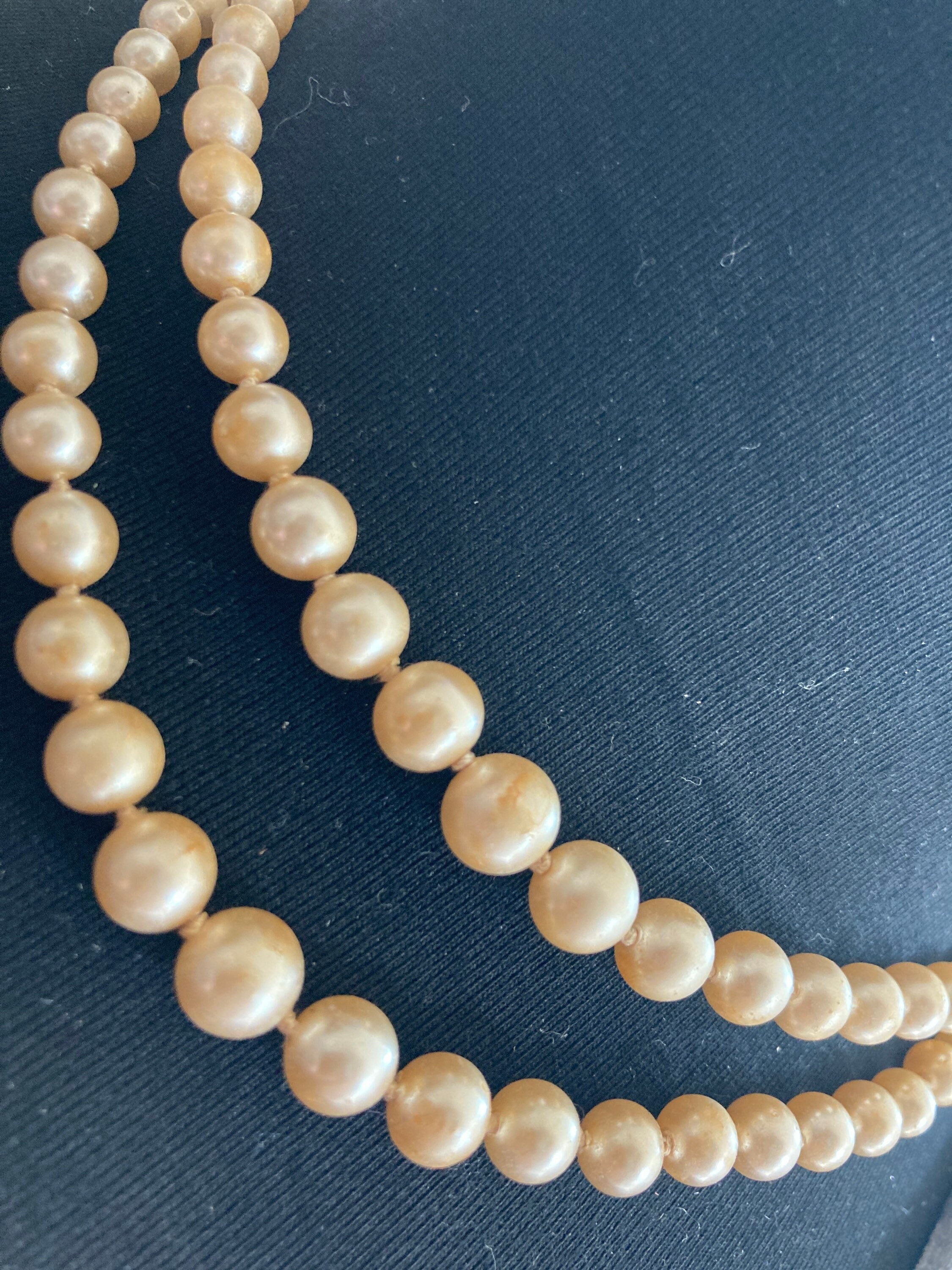 double strand 2 row dark cream glass knotted pearl necklace with ornate 925 sterling silver clasp