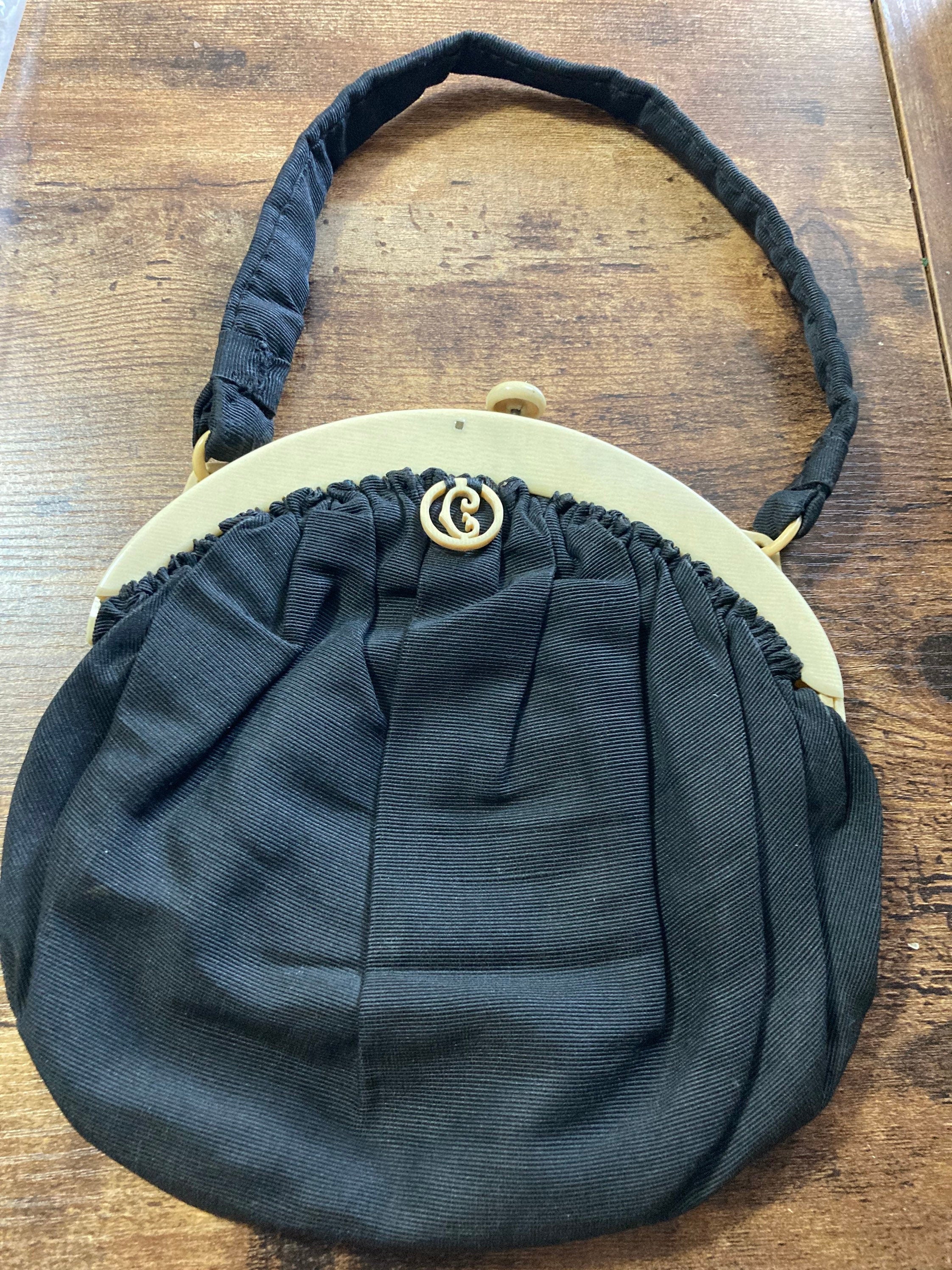 1930s black evening purse silk lined Antique true Art Deco 1920s celluloid clasp