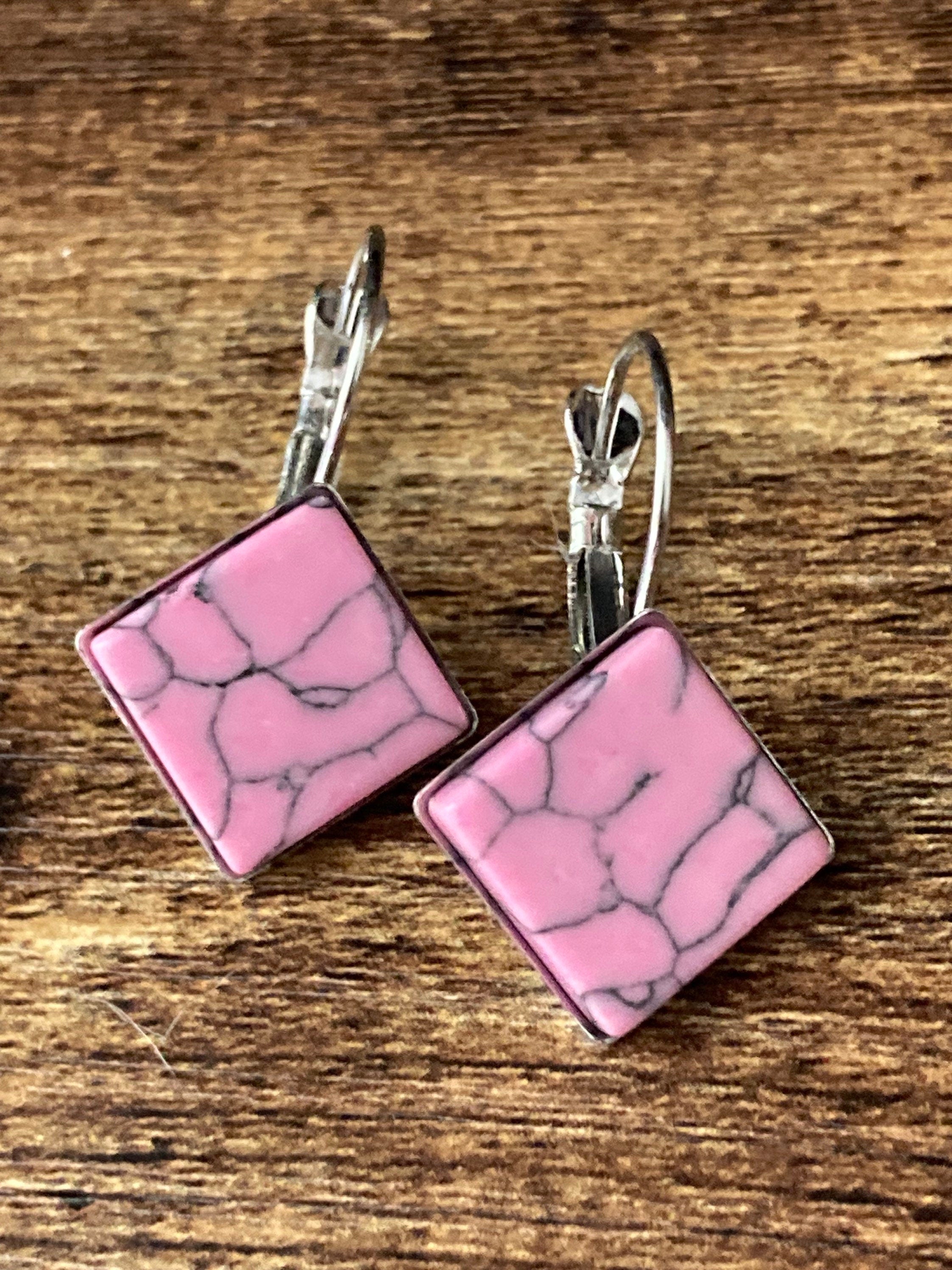 pink marble gemstone earrings stainless steel 1.5cm square natural stone tiles