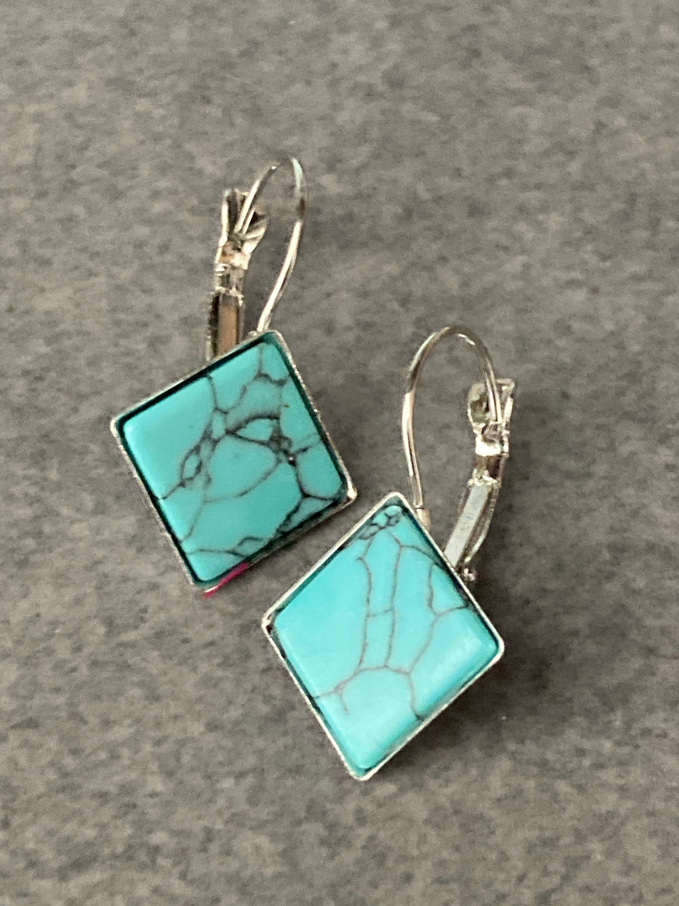 square natural stone tile silver dangly drop marbled turquoise blue earrings