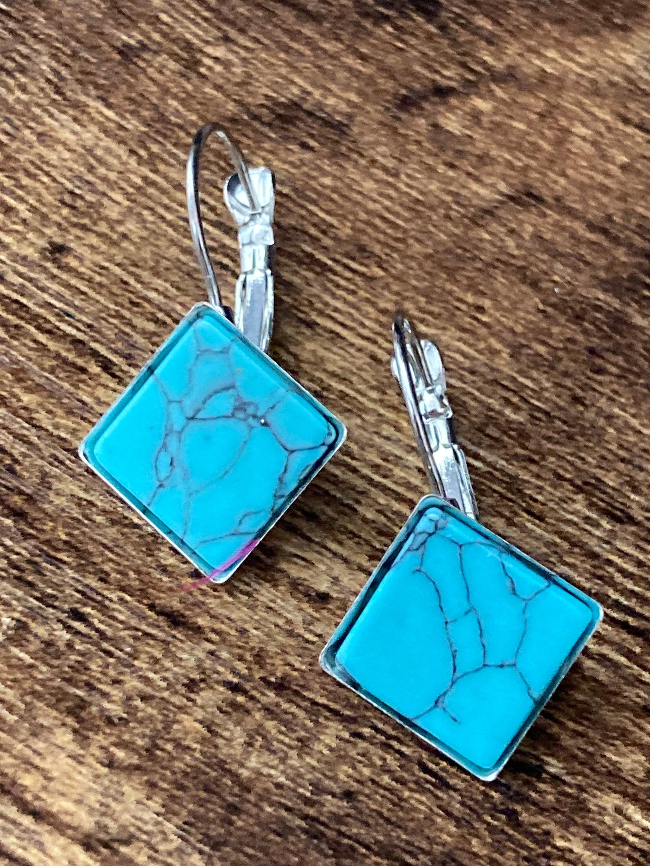 square natural stone tile silver dangly drop marbled turquoise blue earrings